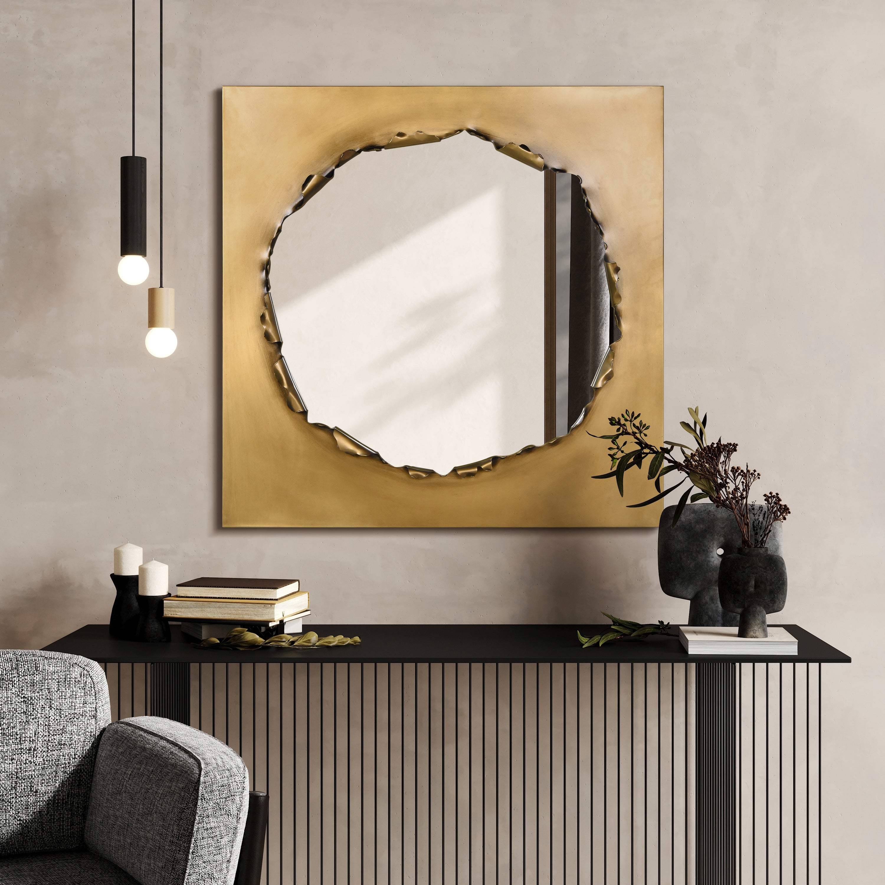 "Antique Gold Torn Edge Square Mirror", 36"x36" Mirror Featuring a 4.8" Brushed Antique Gold Iron Frame with a Unique Torn Edge Design