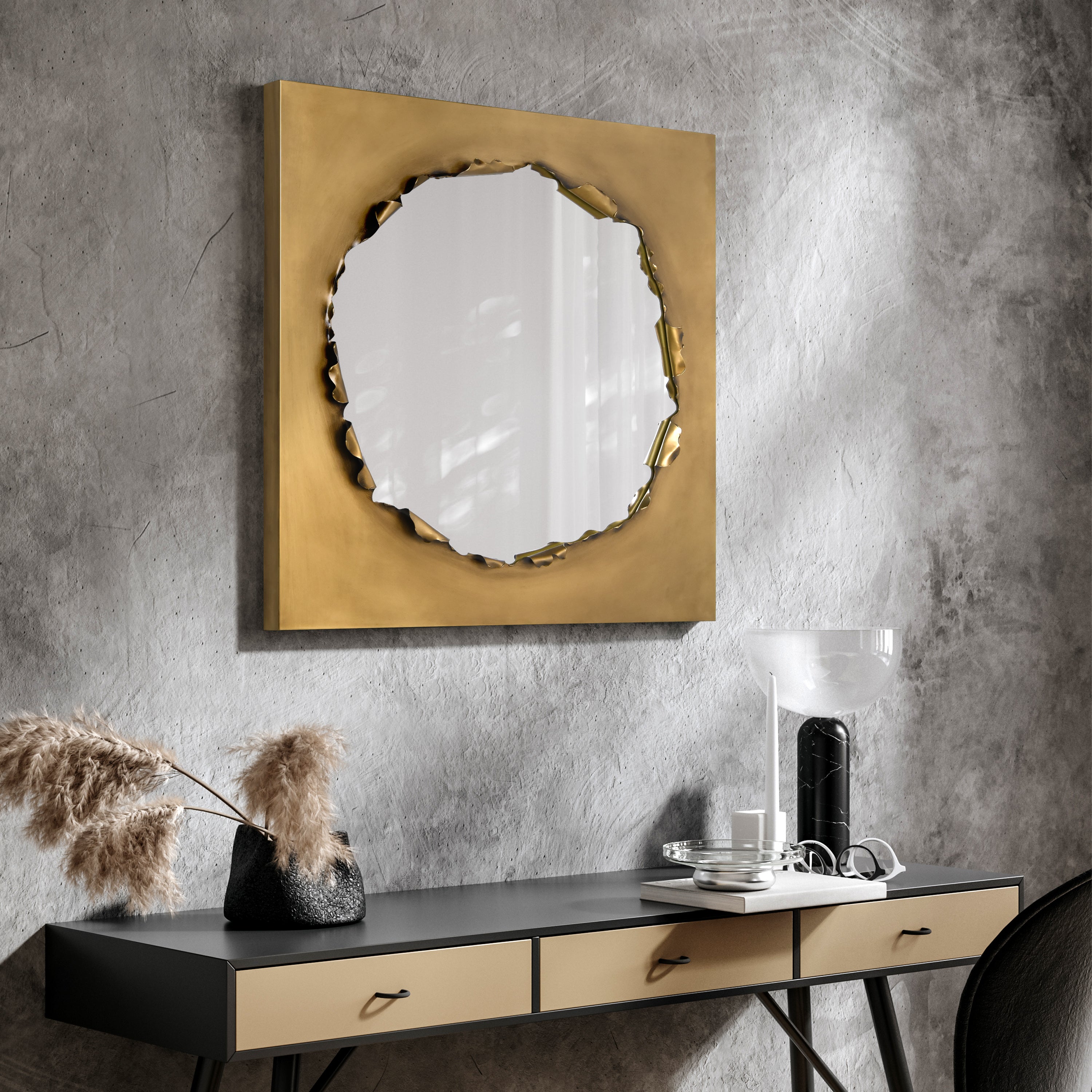 "Antique Gold Torn Edge Square Mirror", 36"x36" Mirror Featuring a 4.8" Brushed Antique Gold Iron Frame with a Unique Torn Edge Design