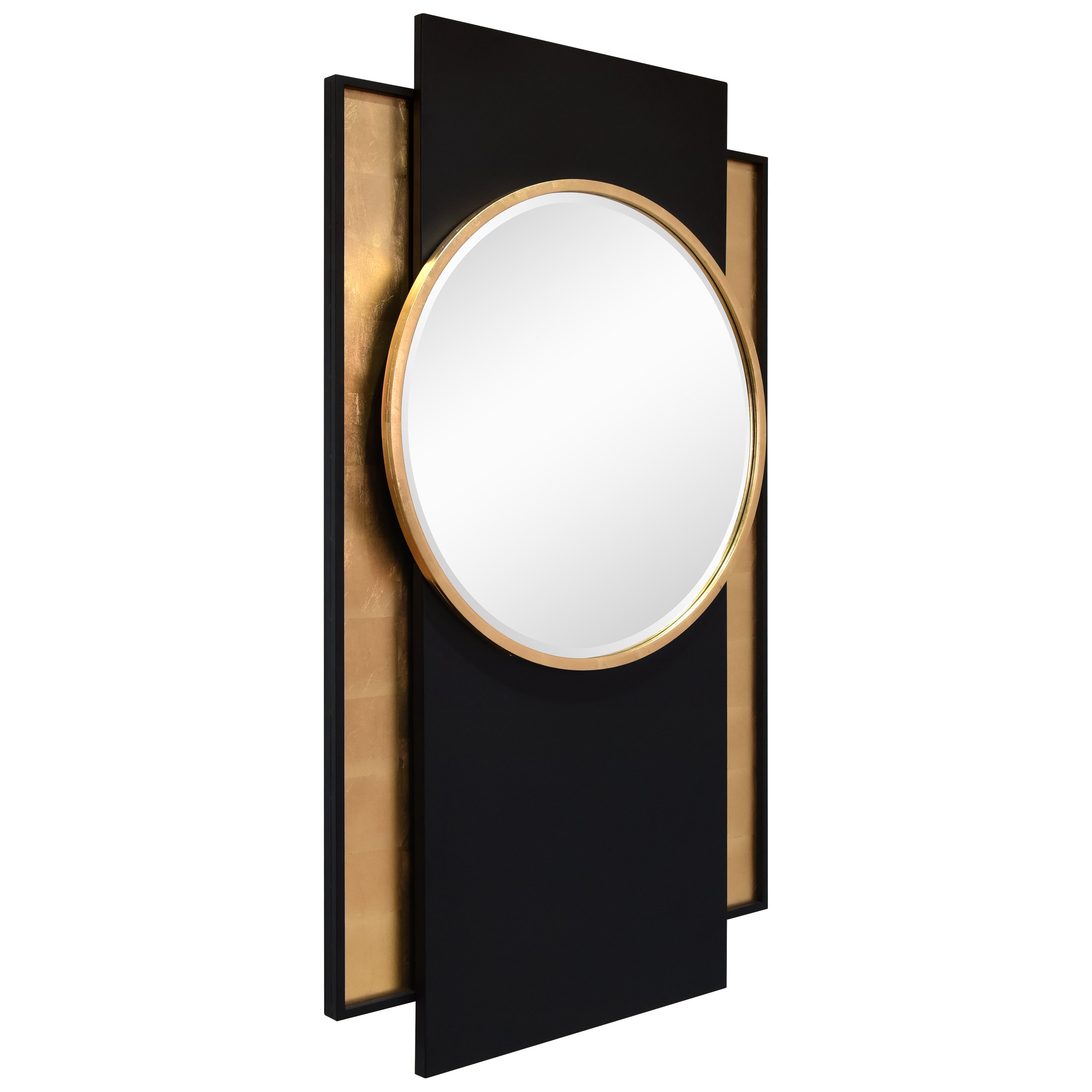 "Modern Elegance Gold and Black Wall Mirror", 37"x65", Beveled Center Round Mirror Featuring a  Black and Gold Foiled Iron Frame