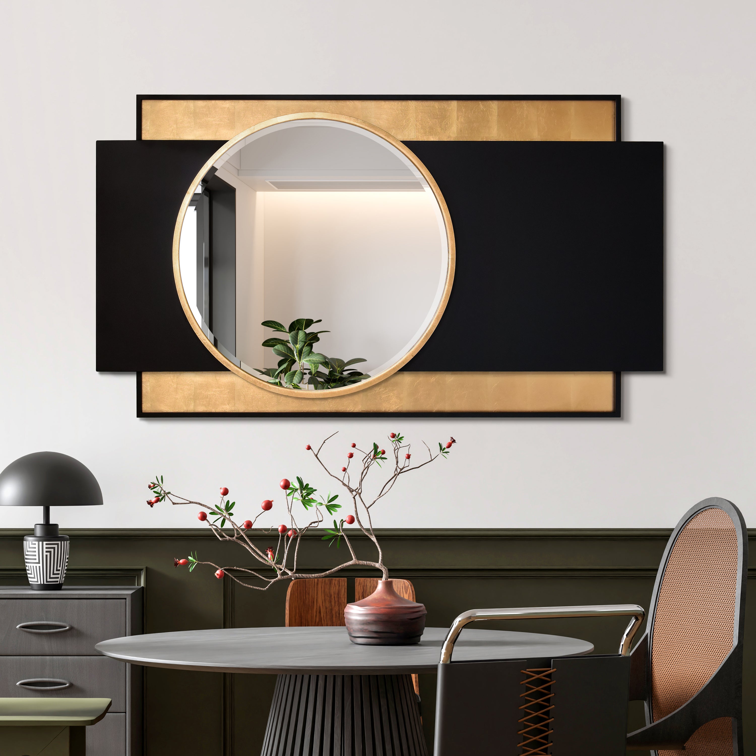 "Modern Elegance Gold and Black Wall Mirror", 37"x65", Beveled Center Round Mirror Featuring a  Black and Gold Foiled Iron Frame