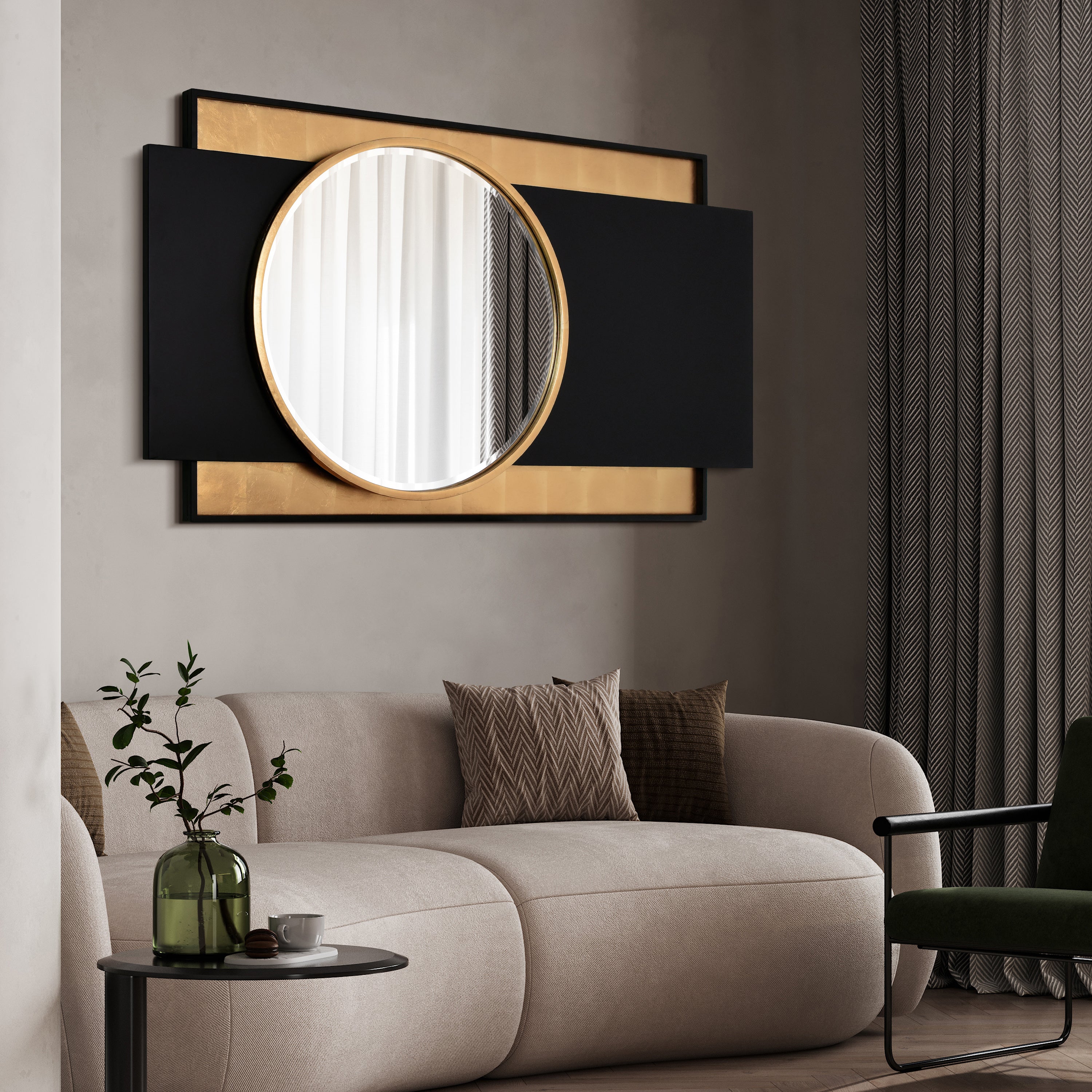 "Modern Elegance Gold and Black Wall Mirror", 37"x65", Beveled Center Round Mirror Featuring a  Black and Gold Foiled Iron Frame