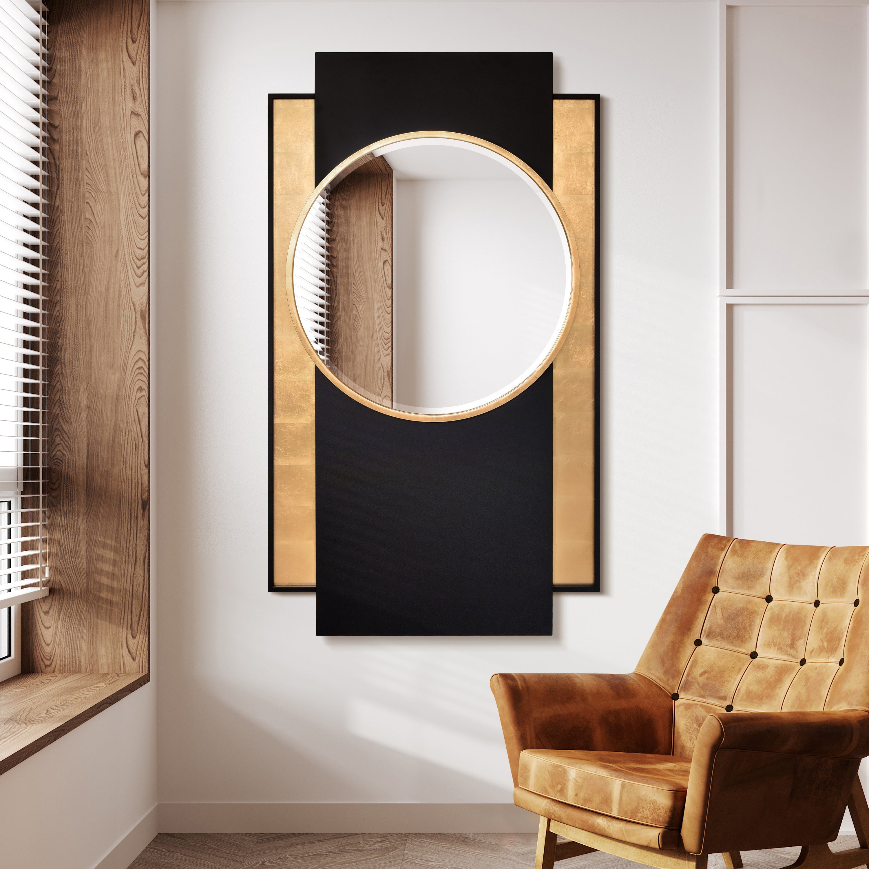 "Modern Elegance Gold and Black Wall Mirror", 37"x65", Beveled Center Round Mirror Featuring a  Black and Gold Foiled Iron Frame