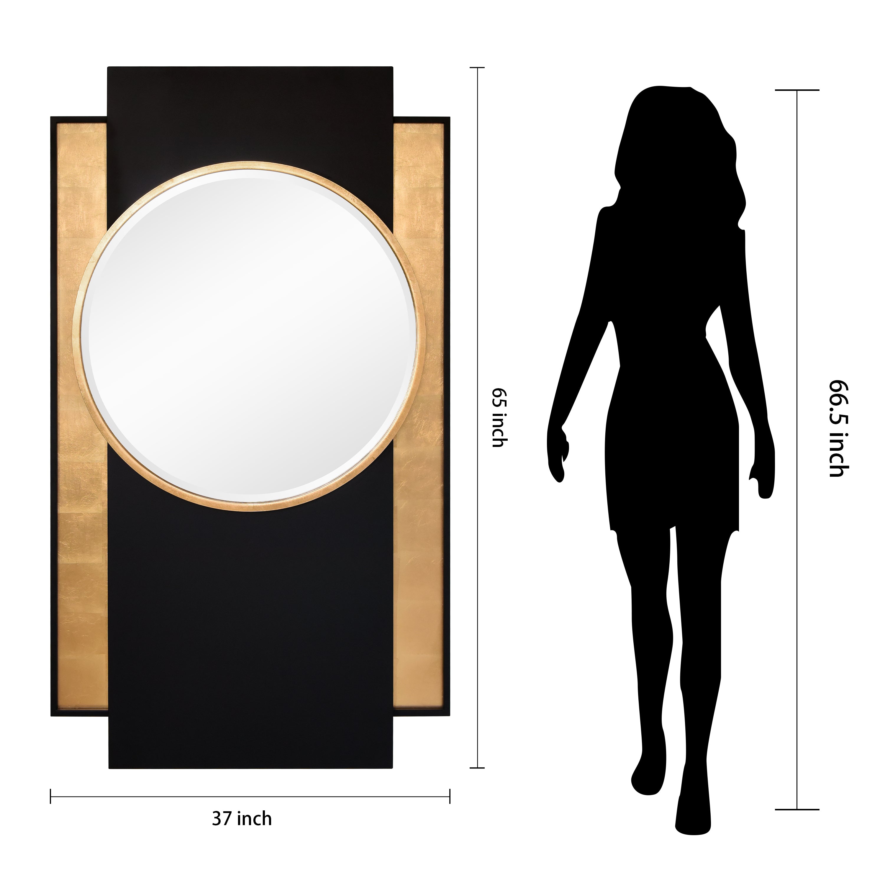 "Modern Elegance Gold and Black Wall Mirror", 37"x65", Beveled Center Round Mirror Featuring a  Black and Gold Foiled Iron Frame