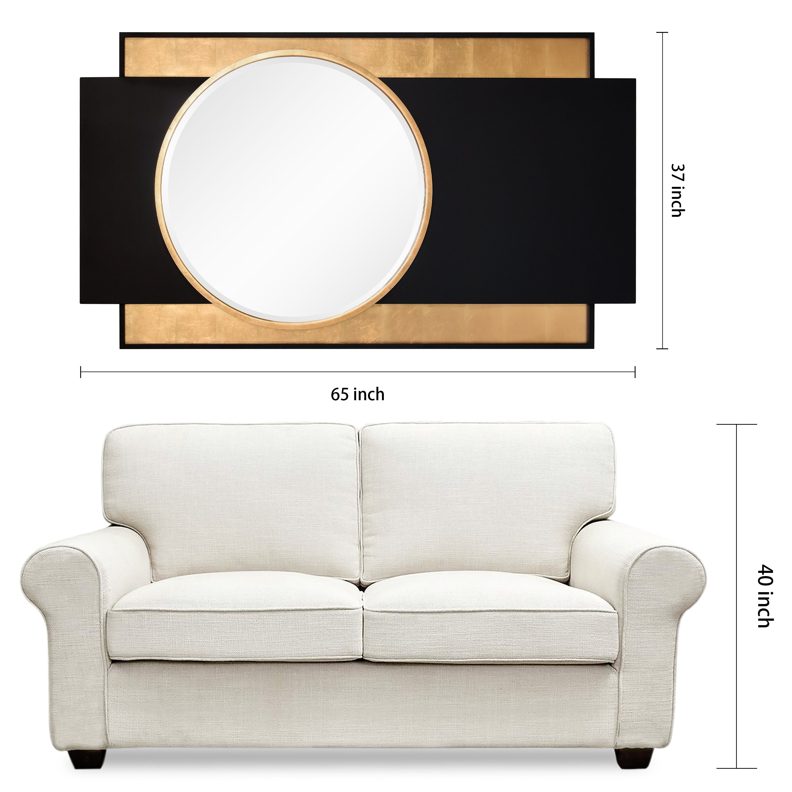 "Modern Elegance Gold and Black Wall Mirror", 37"x65", Beveled Center Round Mirror Featuring a  Black and Gold Foiled Iron Frame