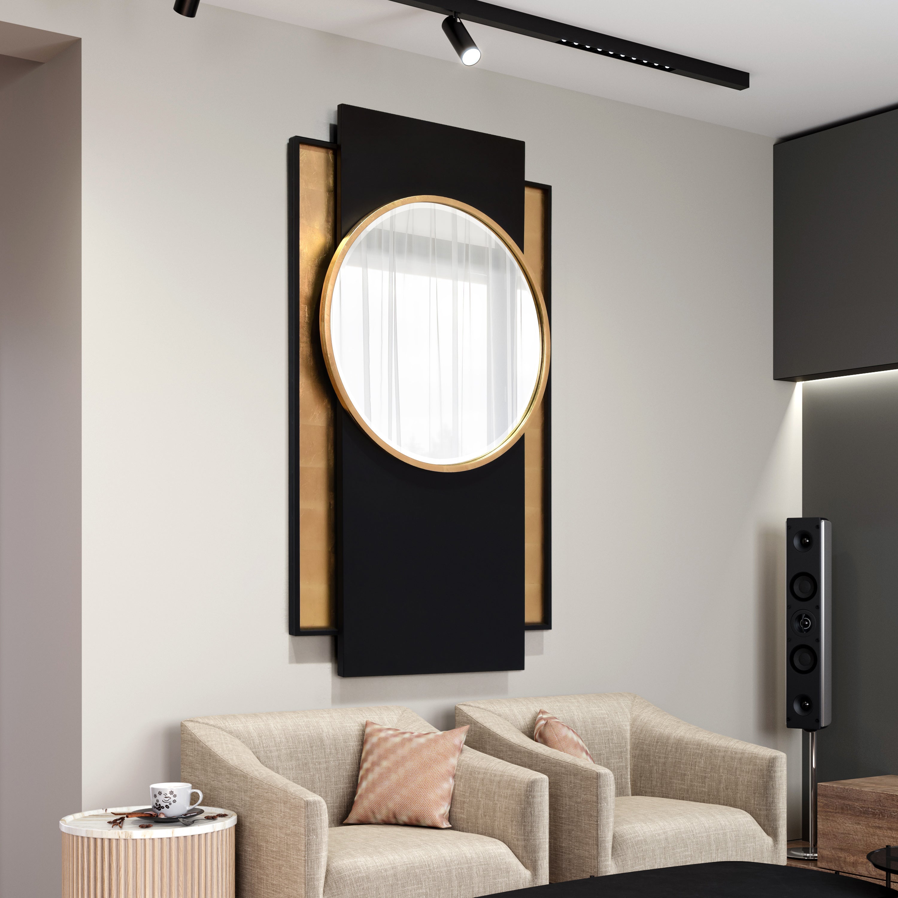 "Modern Elegance Gold and Black Wall Mirror", 37"x65", Beveled Center Round Mirror Featuring a  Black and Gold Foiled Iron Frame