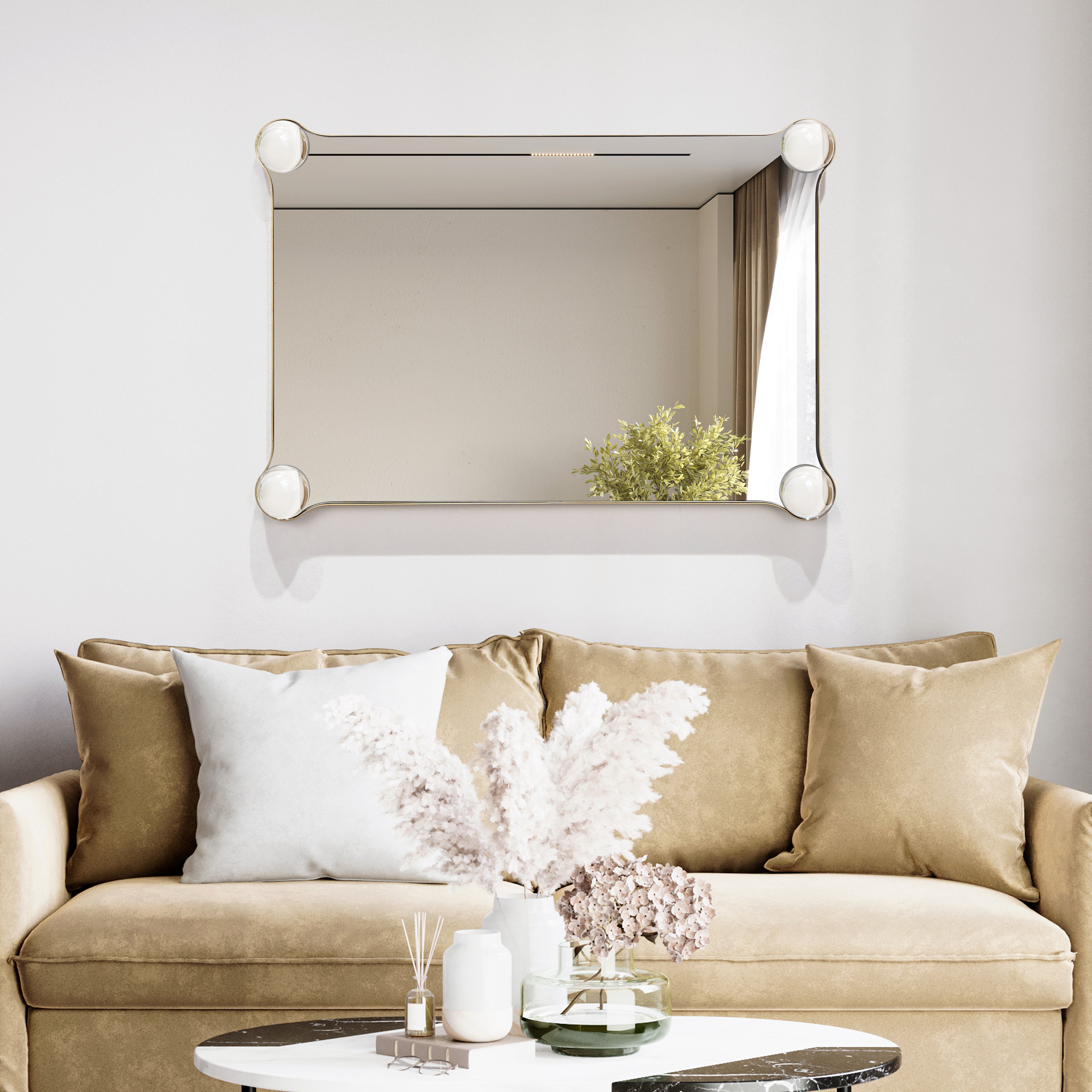 "Elegance Rectangular Wall Mirror", 27"x39" Featuring 3" Half Sphere Corner Glass Embellishment, on Gold Iron Frame