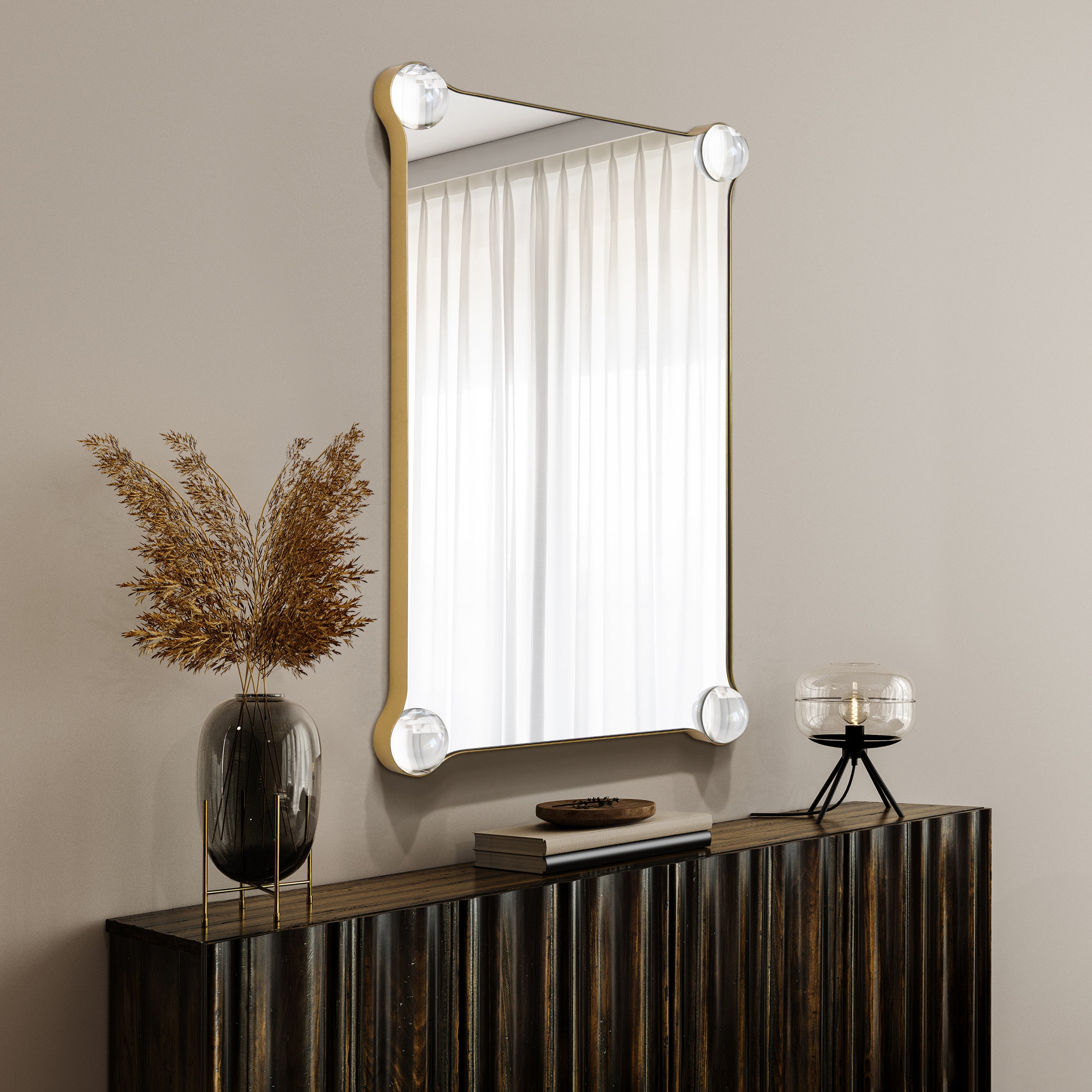 "Elegance Rectangular Wall Mirror", 27"x39" Featuring 3" Half Sphere Corner Glass Embellishment, on Gold Iron Frame