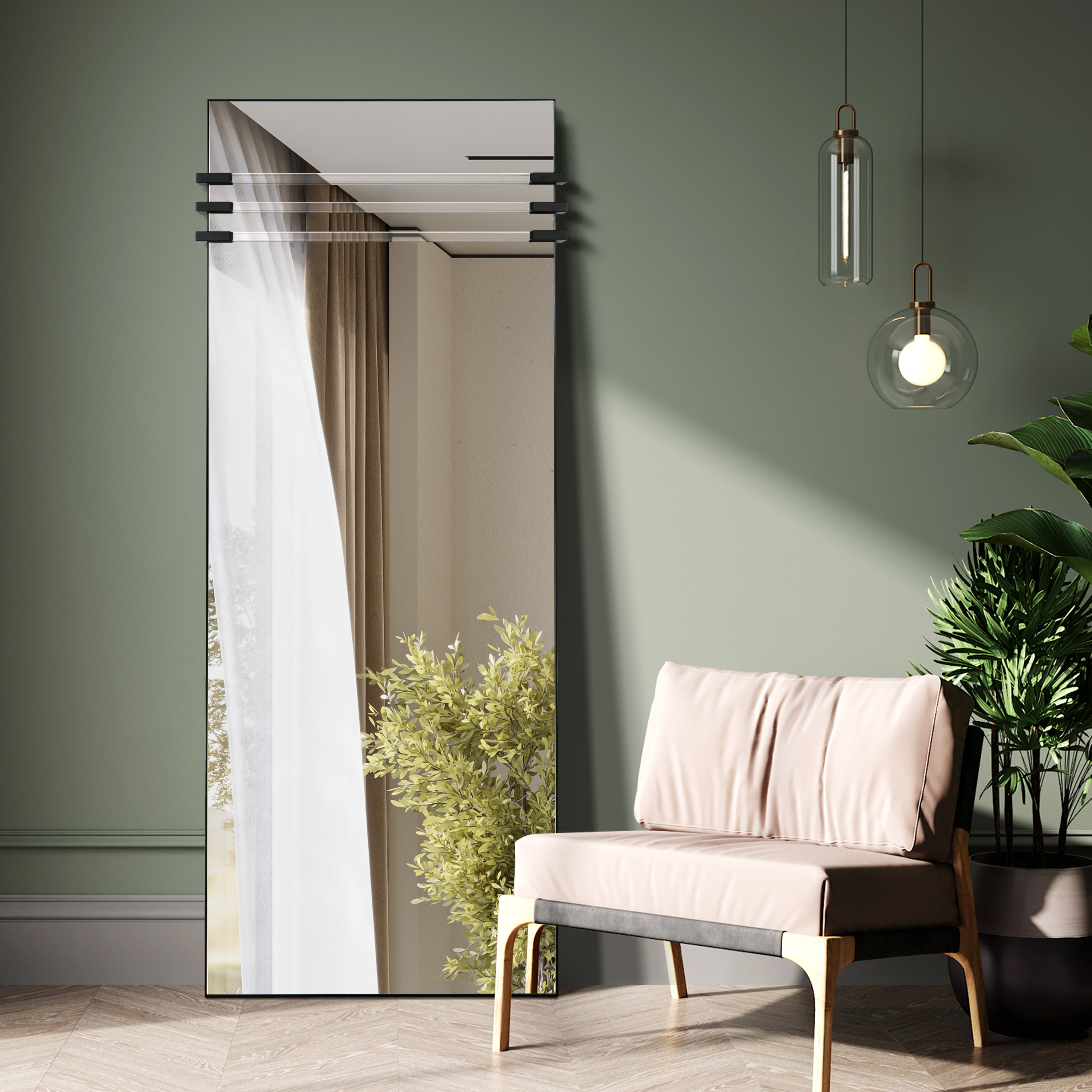 "Acrylic Accent Rectangular Wall Mirror",30"x72" Mirror Featuring Three Clear Acrylic Accent Rails, on a Black Iron Frame