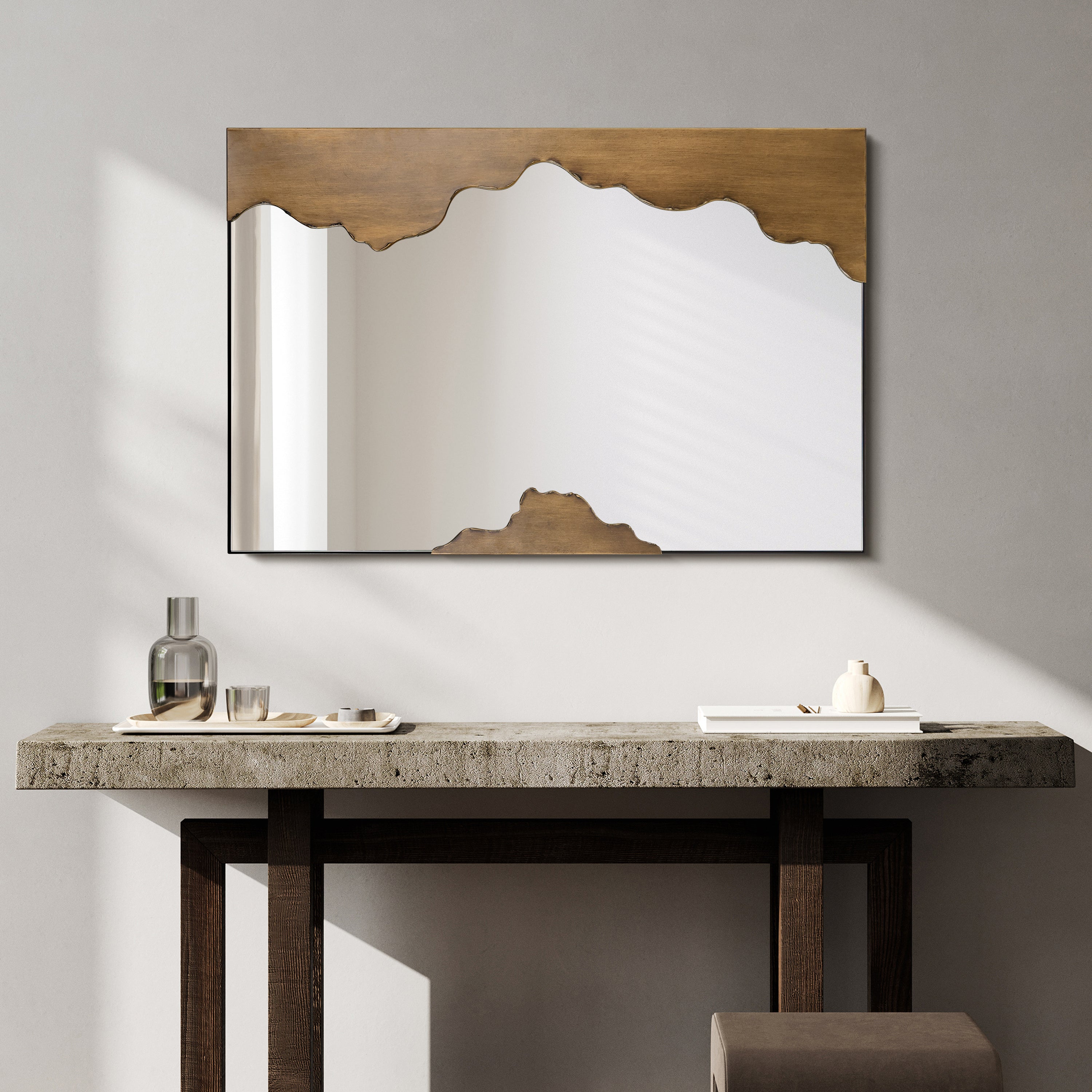 "Antique Gold Edge Tear Rectangular Wall Mirror",24"x36" Mirror Featuring a Brushed Antique Gold Iron Frame with Unique Edge Tear Design Accent