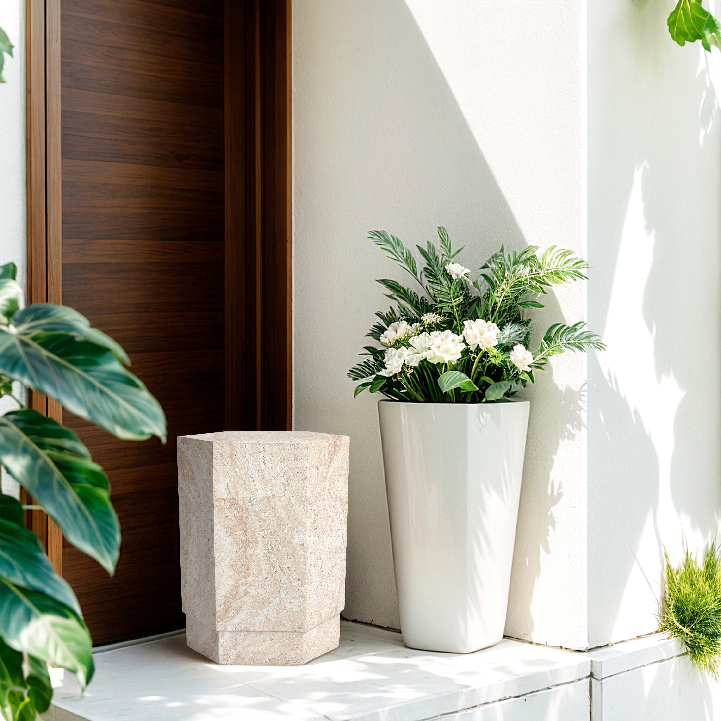 Hexagonal Travertine Stone Finish Italian Design MGO Side Accent Table, size 14.6"x14.6"x18.1", perfect for both indoor and outdoor settings.