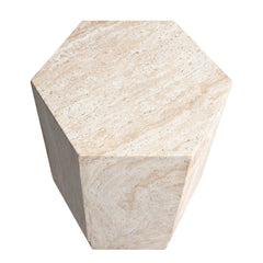 Hexagonal Travertine Stone Finish Italian Design MGO Side Accent Table, size 14.6"x14.6"x18.1", perfect for both indoor and outdoor settings.