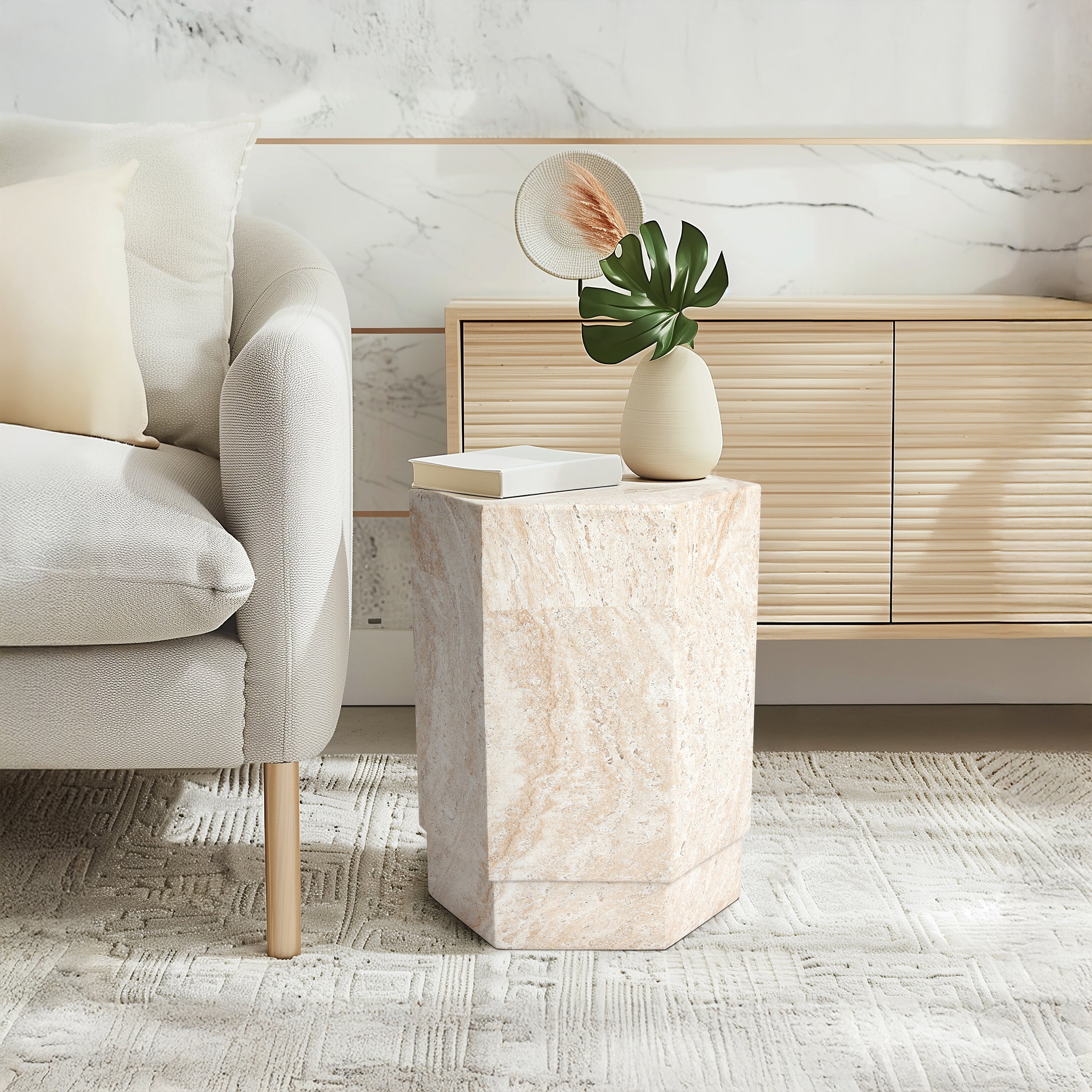 Hexagonal Travertine Stone Finish Italian Design MGO Side Accent Table, size 14.6"x14.6"x18.1", perfect for both indoor and outdoor settings.