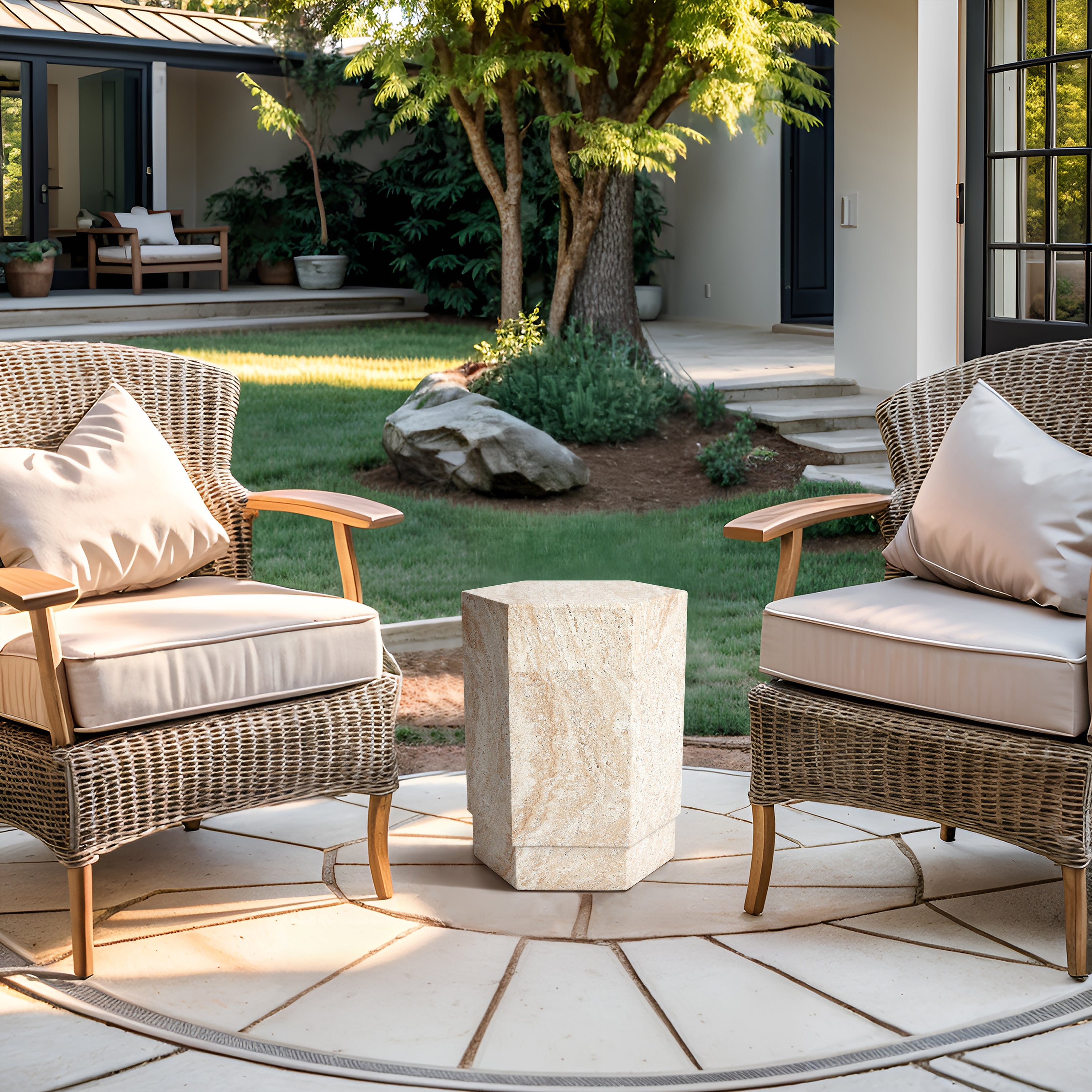 Hexagonal Travertine Stone Finish Italian Design MGO Side Accent Table, size 14.6"x14.6"x18.1", perfect for both indoor and outdoor settings.