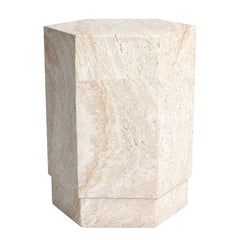 Hexagonal Travertine Stone Finish Italian Design MGO Side Accent Table, size 14.6"x14.6"x18.1", perfect for both indoor and outdoor settings.