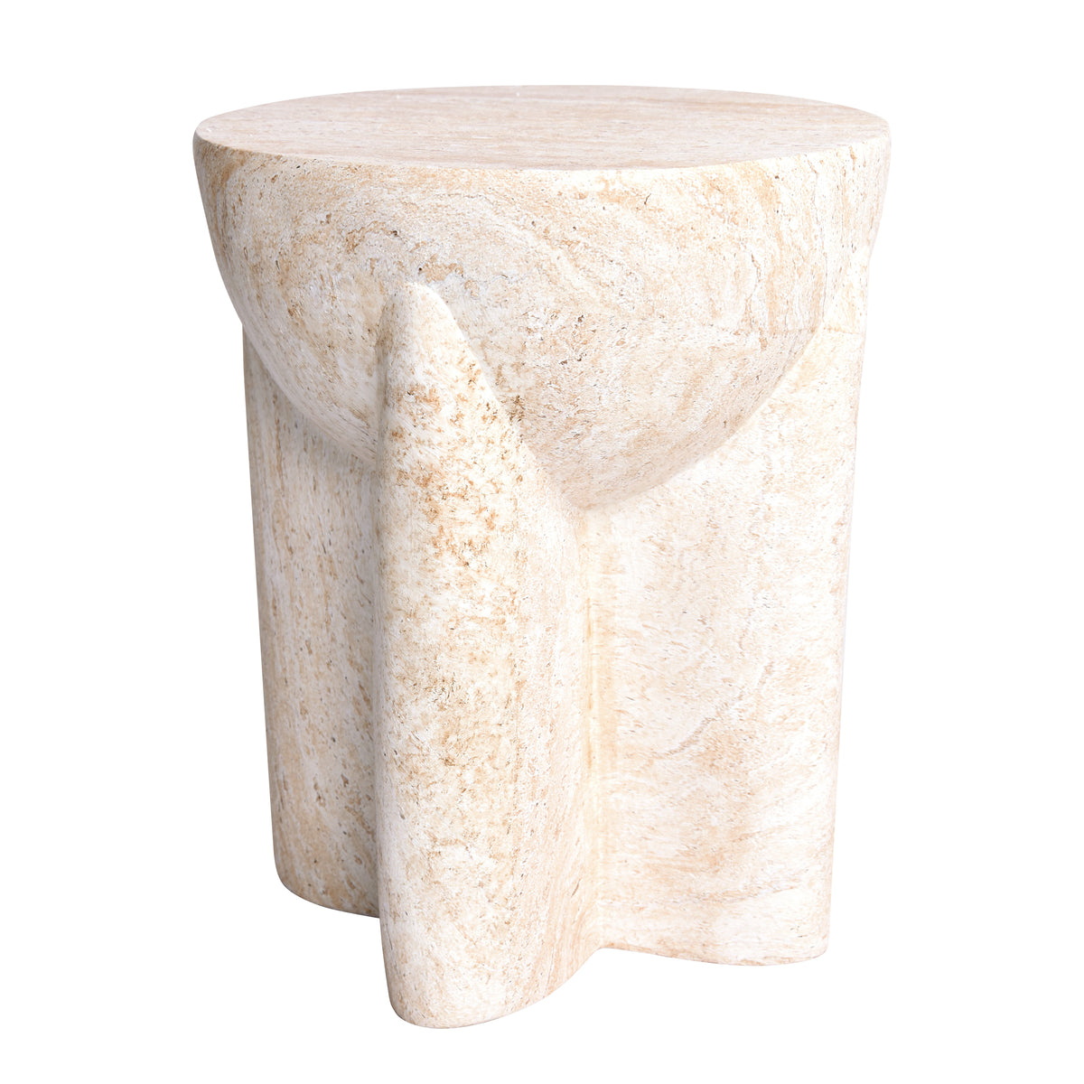 Abstract Travertine Stone Finish Italian Design MGO Side Accent Table, size 15"x15"x18.3", perfect for both indoor and outdoor spaces.