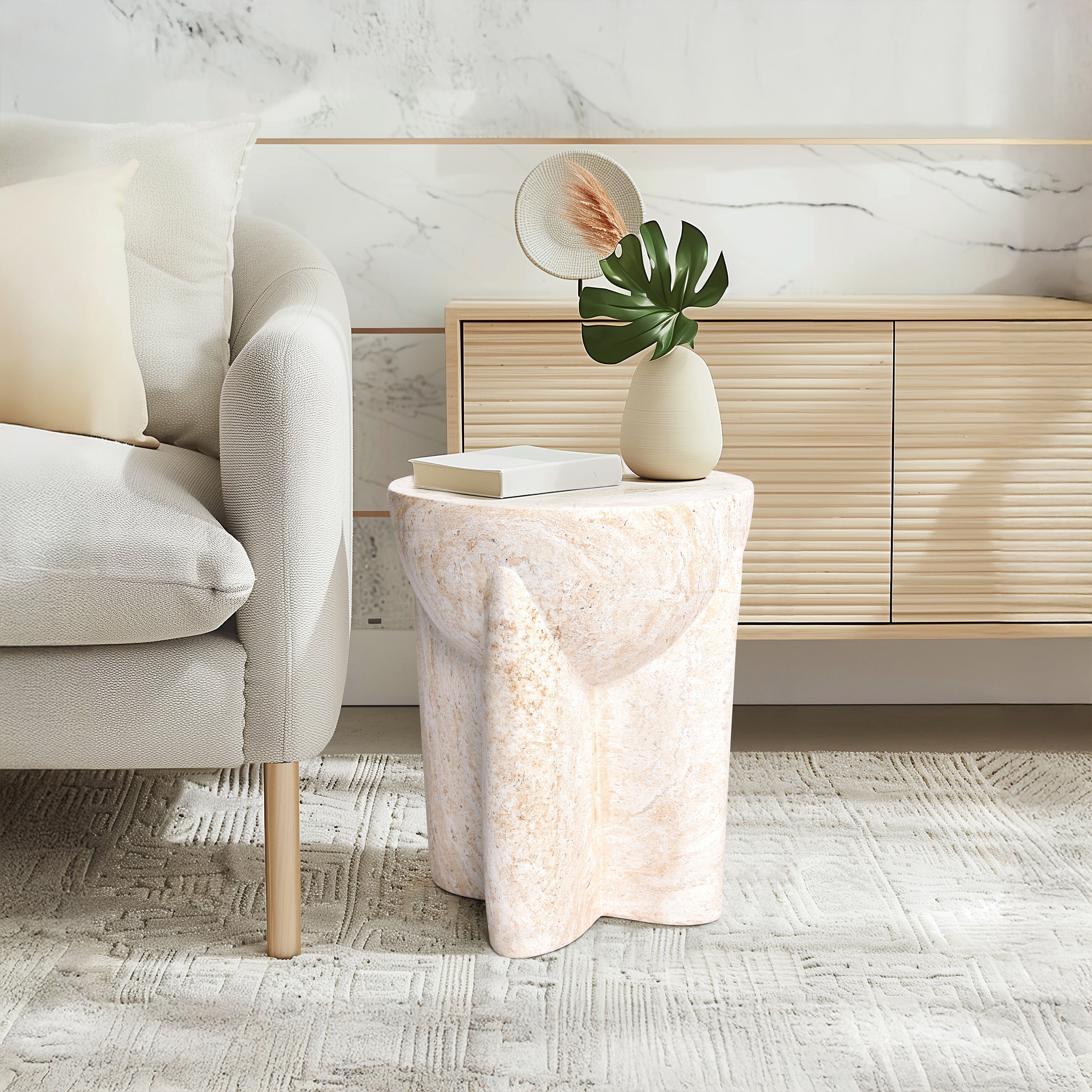 Abstract Travertine Stone Finish Italian Design MGO Side Accent Table, size 15"x15"x18.3", perfect for both indoor and outdoor spaces.