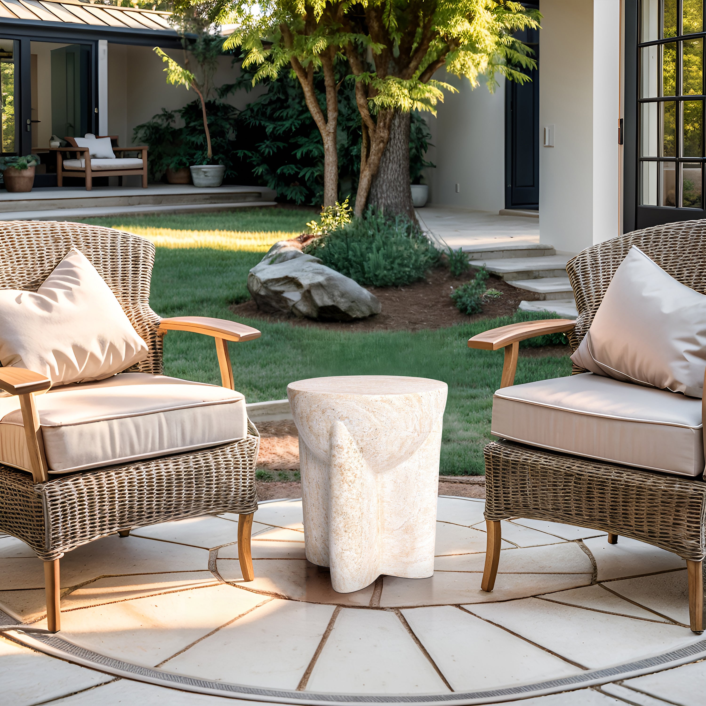 Abstract Travertine Stone Finish Italian Design MGO Side Accent Table, size 15"x15"x18.3", perfect for both indoor and outdoor spaces.