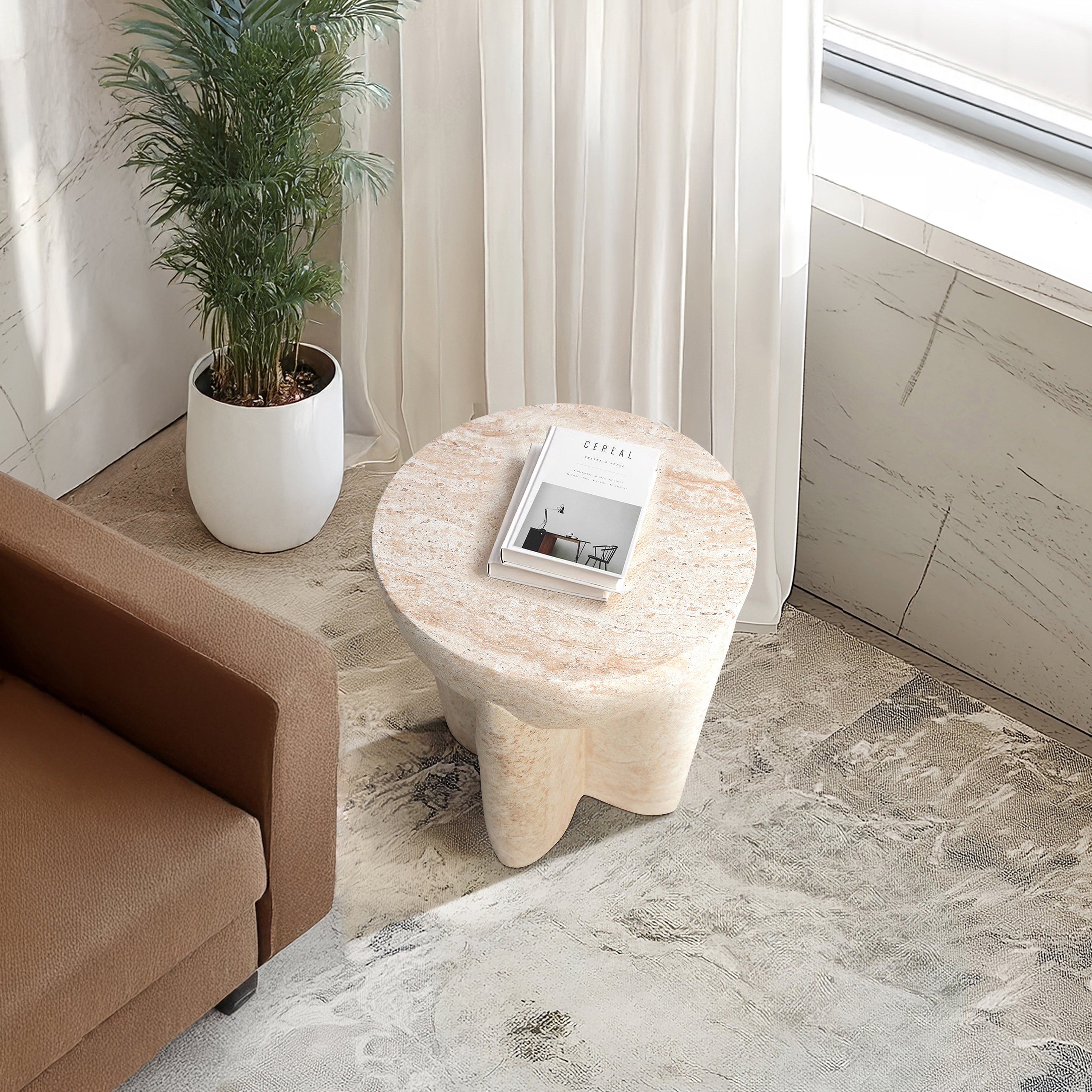 Abstract Travertine Stone Finish Italian Design MGO Side Accent Table, size 15"x15"x18.3", perfect for both indoor and outdoor spaces.