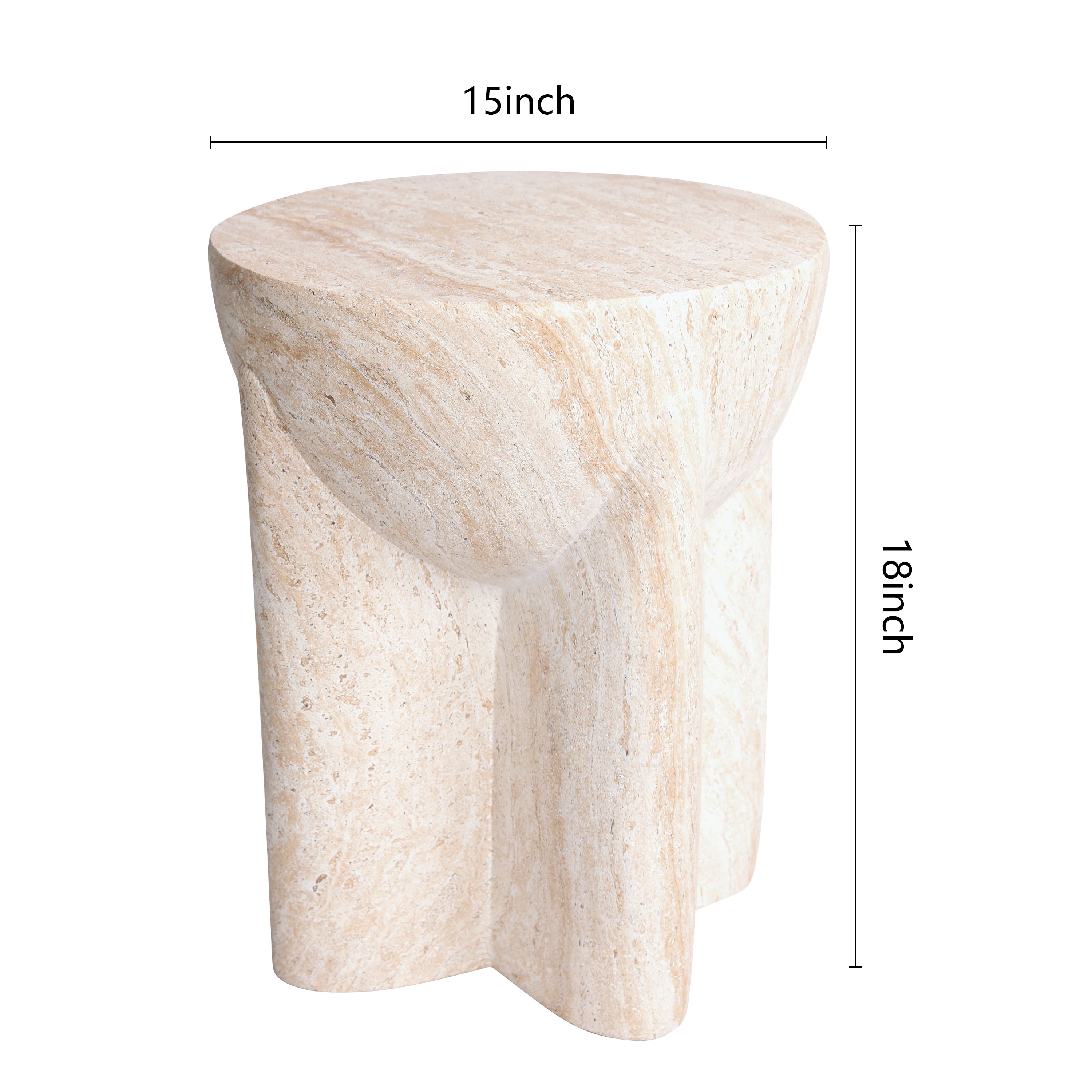 Abstract Travertine Stone Finish Italian Design MGO Side Accent Table, size 15"x15"x18.3", perfect for both indoor and outdoor spaces.