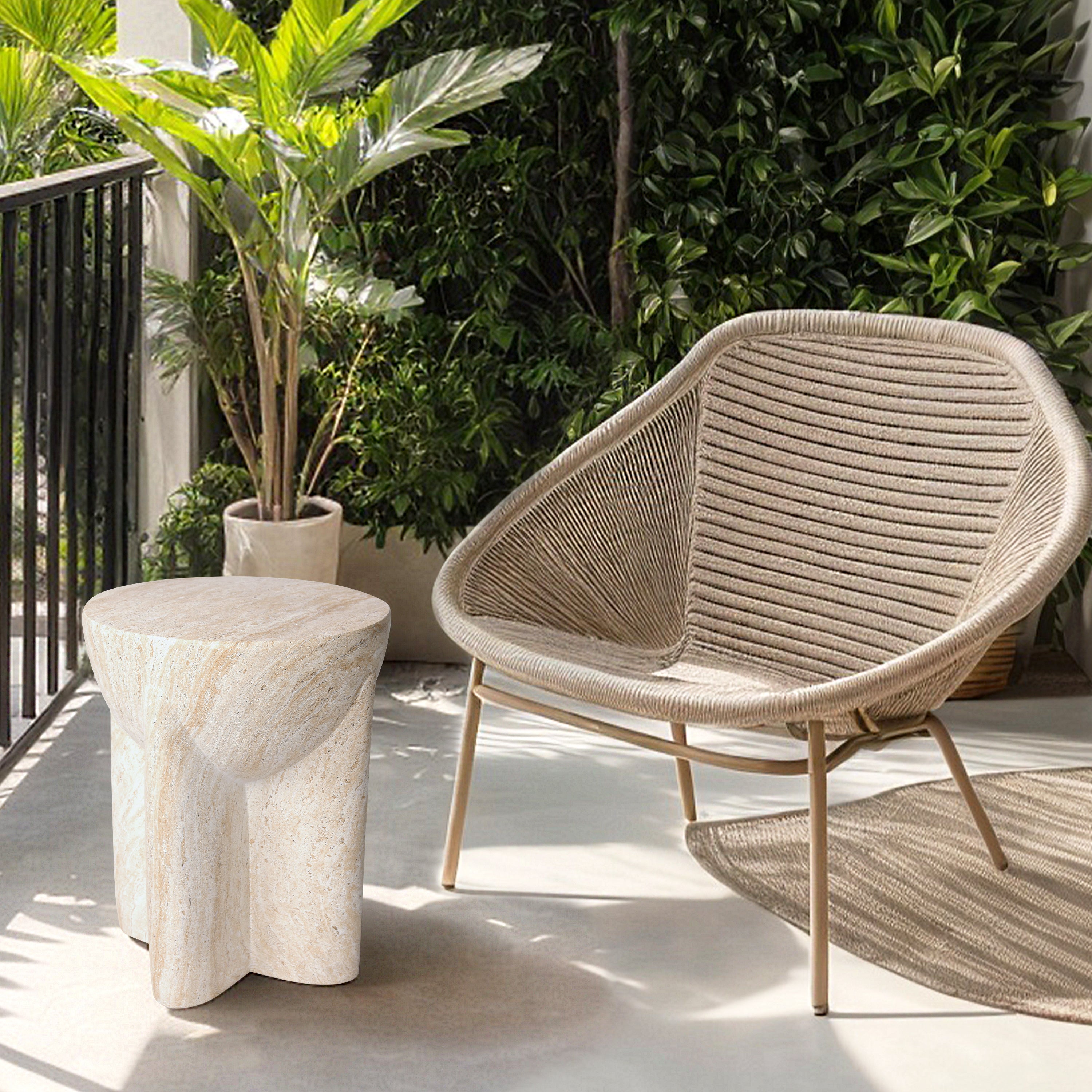 Abstract Travertine Stone Finish Italian Design MGO Side Accent Table, size 15"x15"x18.3", perfect for both indoor and outdoor spaces.