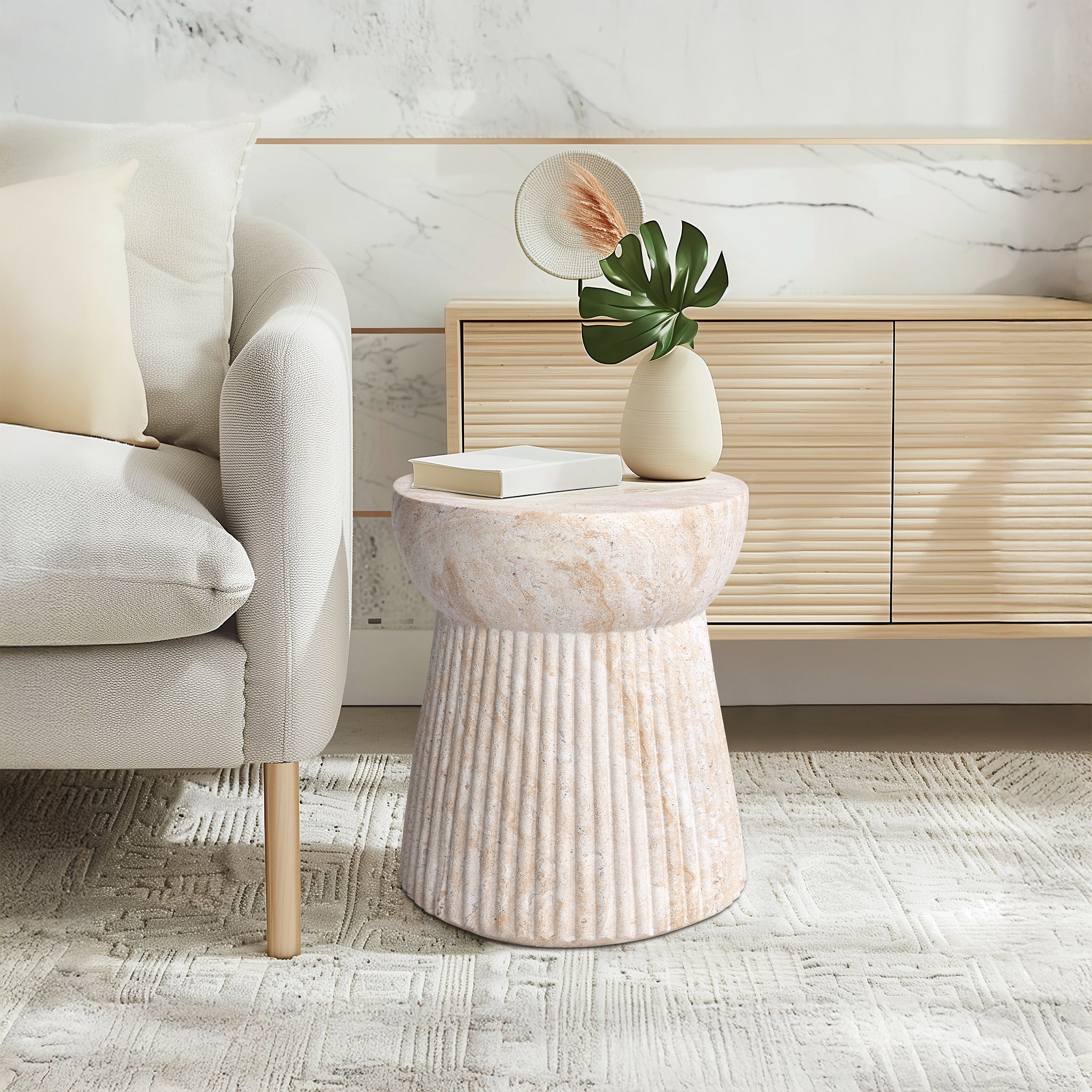 Fluted Travertine Stone Finish Italian Design MGO Side Accent Table, size 14.6"x14.6"x17", perfect for both indoor and outdoor settings.