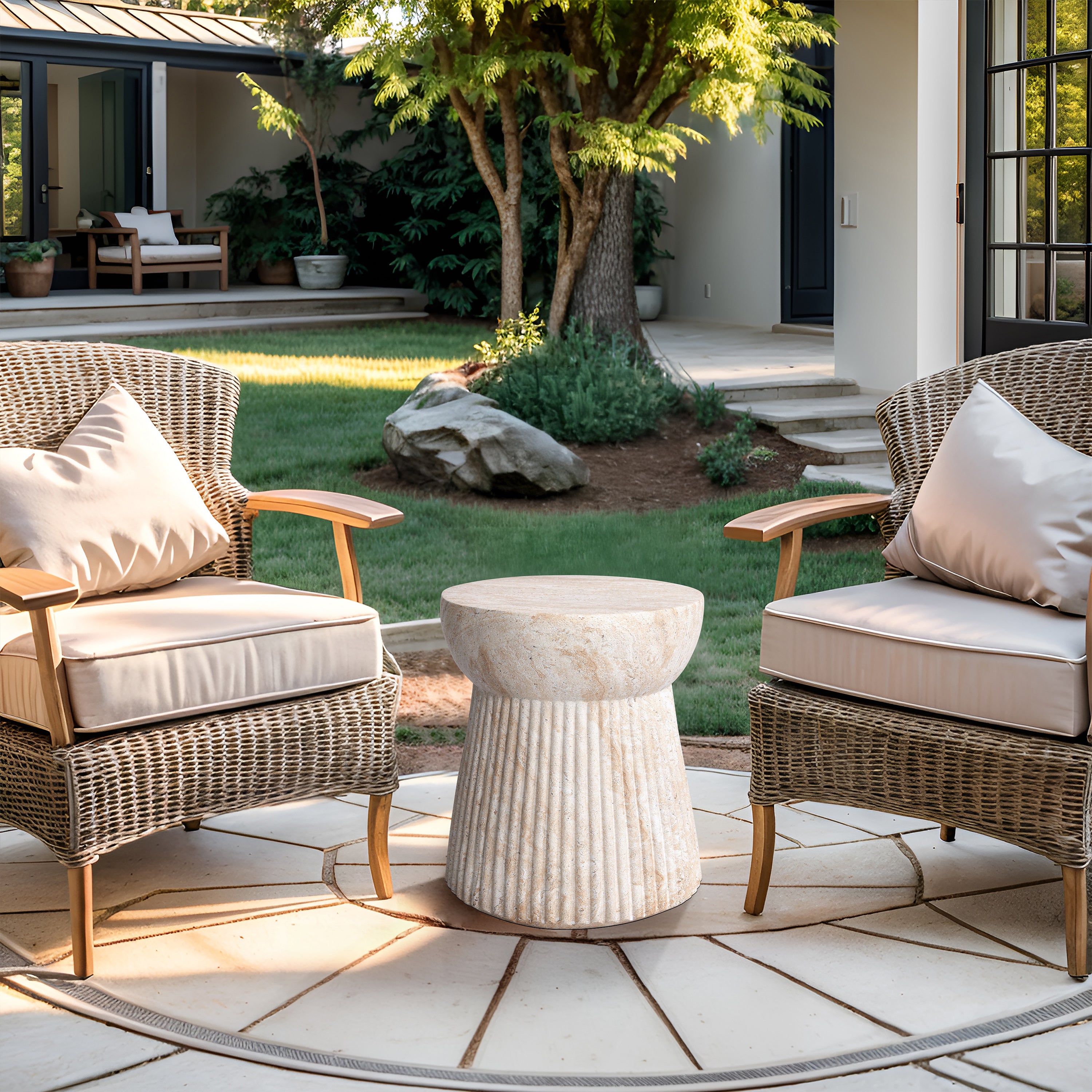 Fluted Travertine Stone Finish Italian Design MGO Side Accent Table, size 14.6"x14.6"x17", perfect for both indoor and outdoor settings.