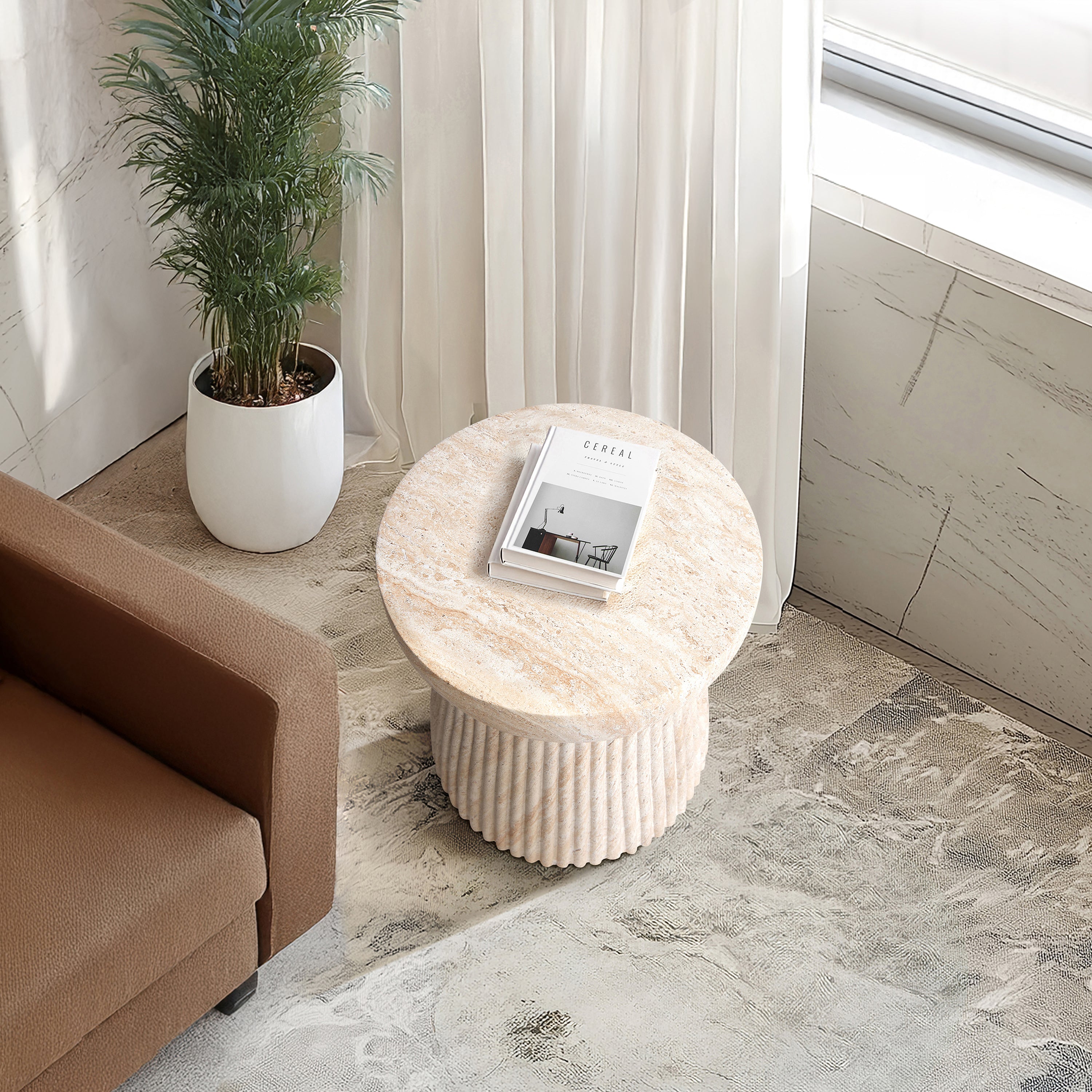 Fluted Travertine Stone Finish Italian Design MGO Side Accent Table, size 14.6"x14.6"x17", perfect for both indoor and outdoor settings.