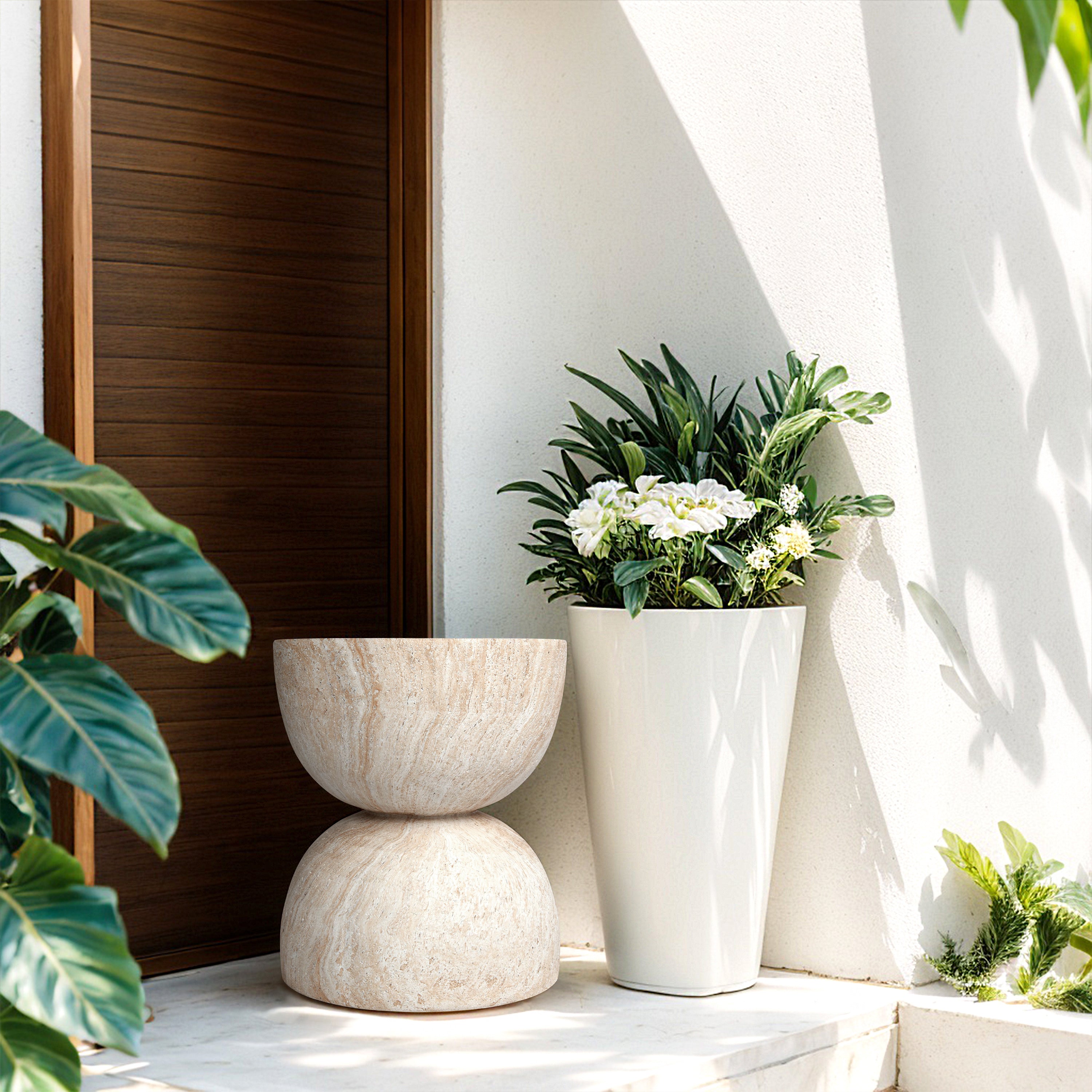 Double Hourglass Travertine Stone Finish Italian Design MGO Side Accent Table, size 15.7x15.7"x18.5", perfect for both indoor and outdoor settings.