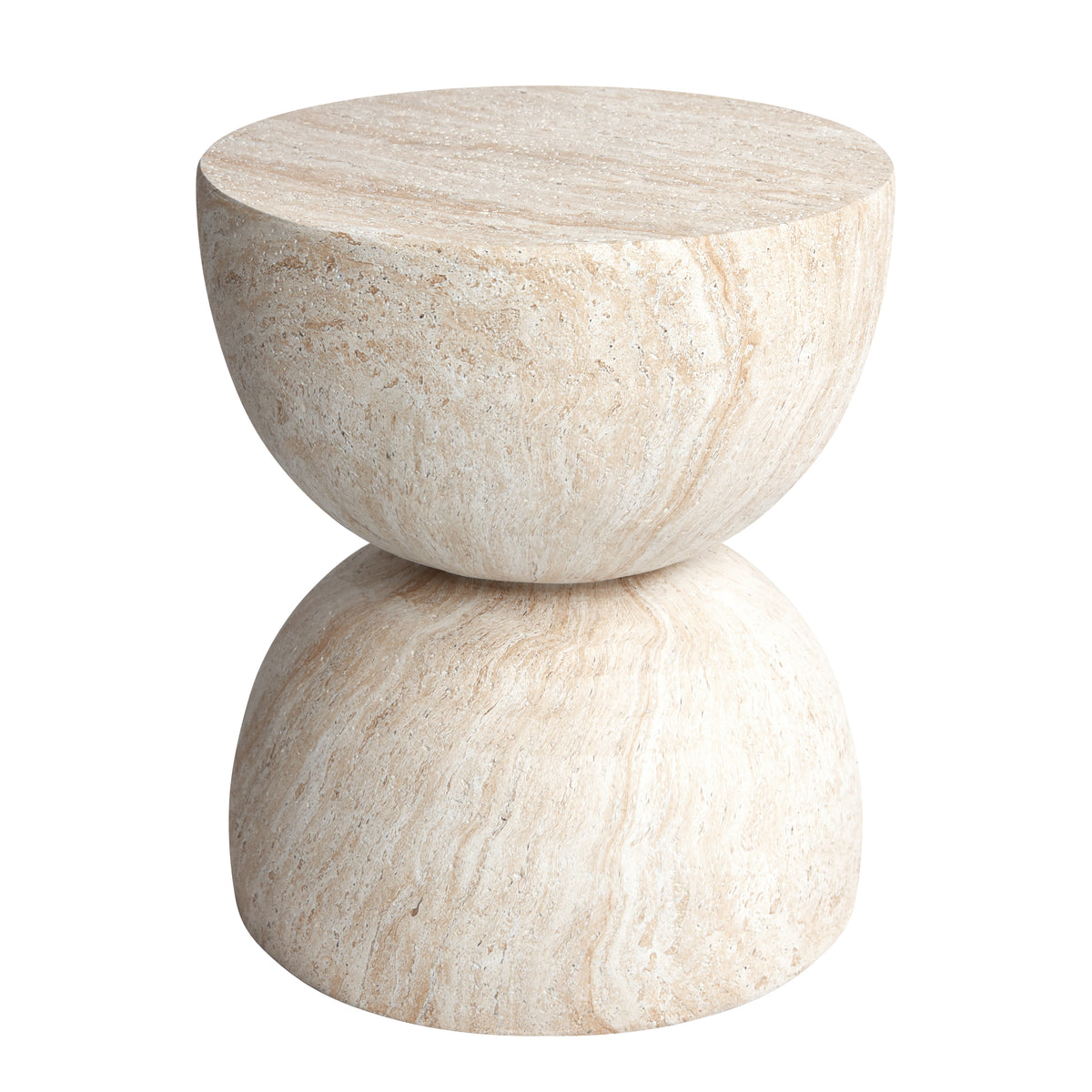 Double Hourglass Travertine Stone Finish Italian Design MGO Side Accent Table, size 15.7x15.7"x18.5", perfect for both indoor and outdoor settings.