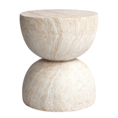 Double Hourglass Travertine Stone Finish Italian Design MGO Side Accent Table, size 15.7x15.7"x18.5", perfect for both indoor and outdoor settings.