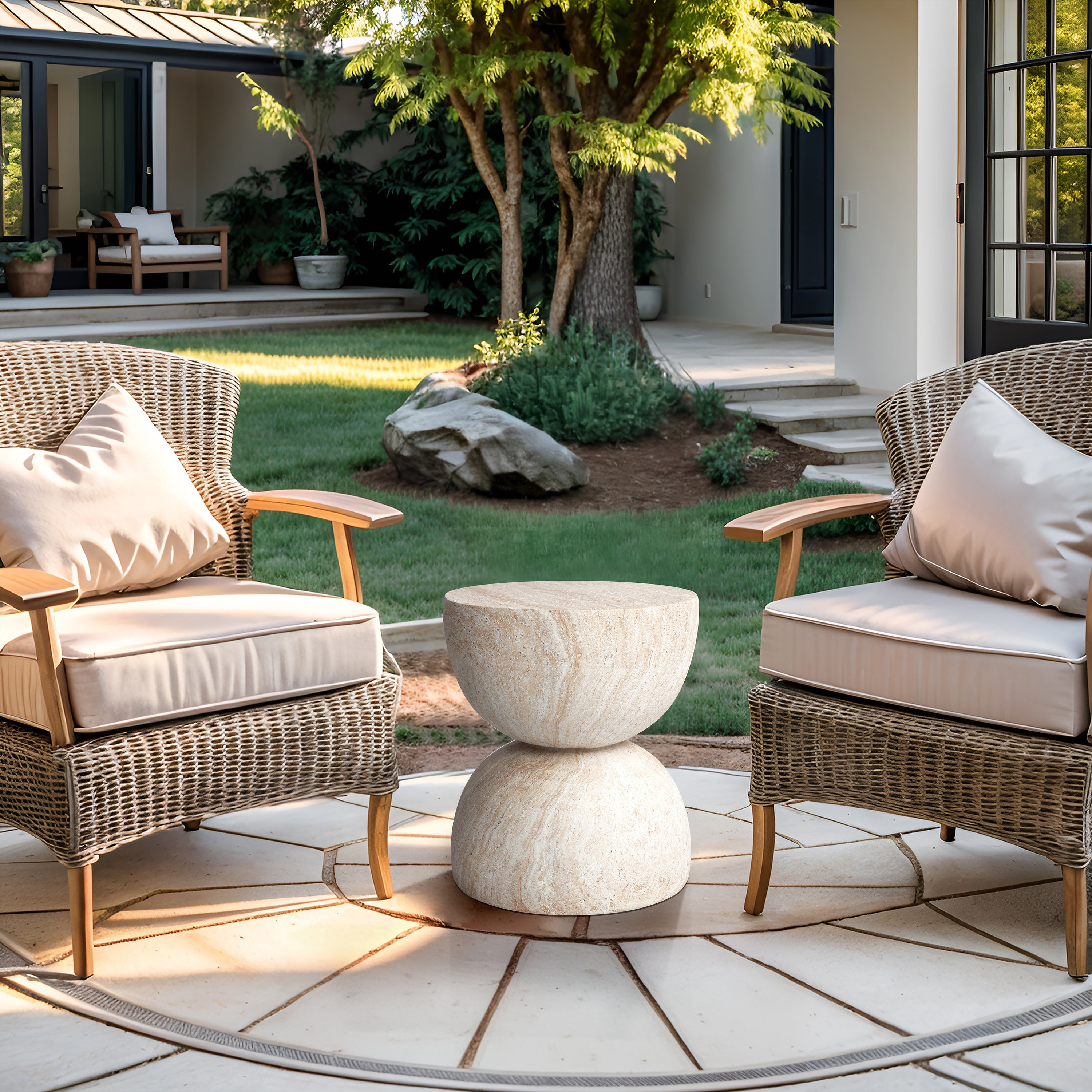 Double Hourglass Travertine Stone Finish Italian Design MGO Side Accent Table, size 15.7x15.7"x18.5", perfect for both indoor and outdoor settings.