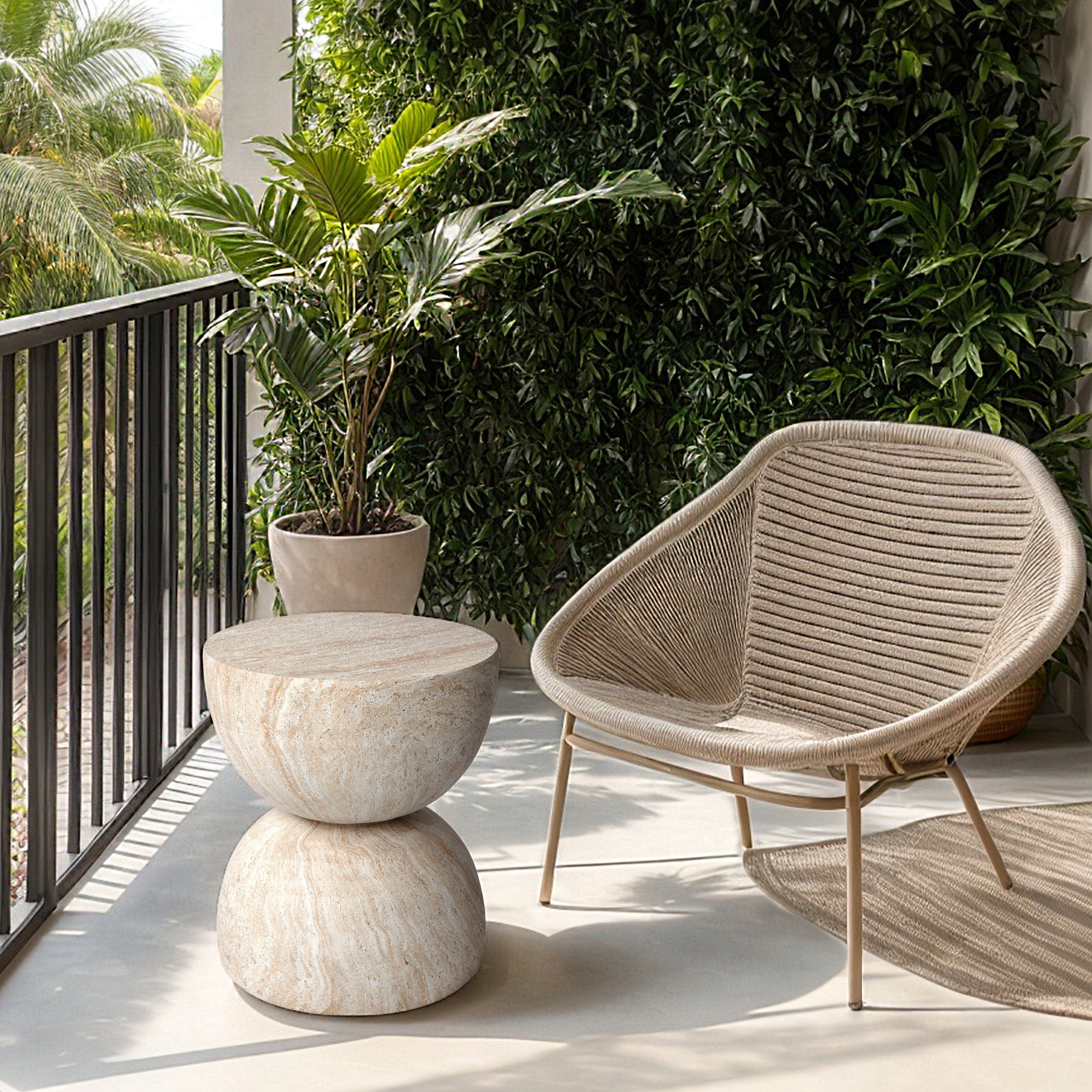 Double Hourglass Travertine Stone Finish Italian Design MGO Side Accent Table, size 15.7x15.7"x18.5", perfect for both indoor and outdoor settings.