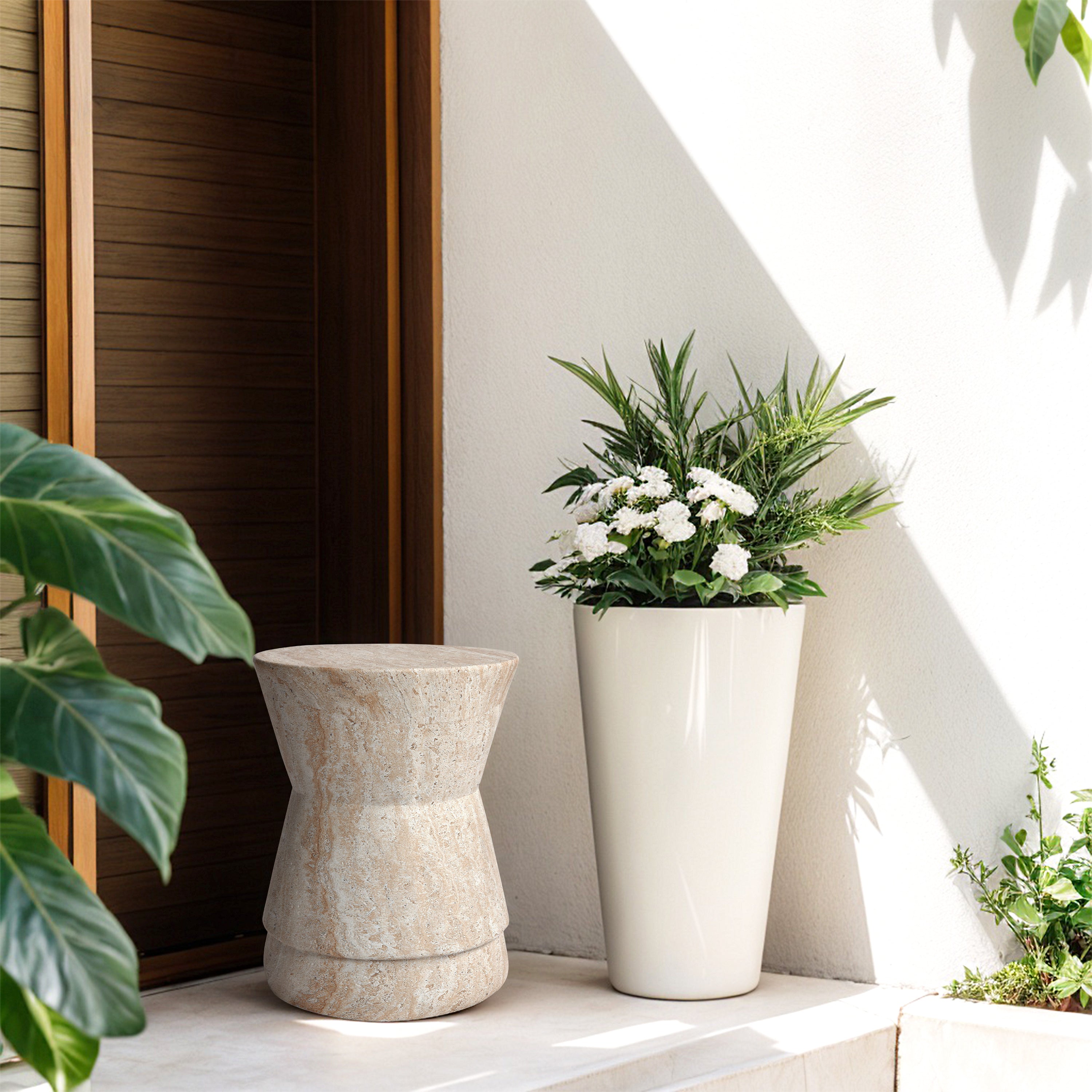 Hourglass Travertine Stone Finish Italian Design MGO Side Accent Table, size 14.4"x14.4"x17.7", perfect for both indoor and outdoor settings.