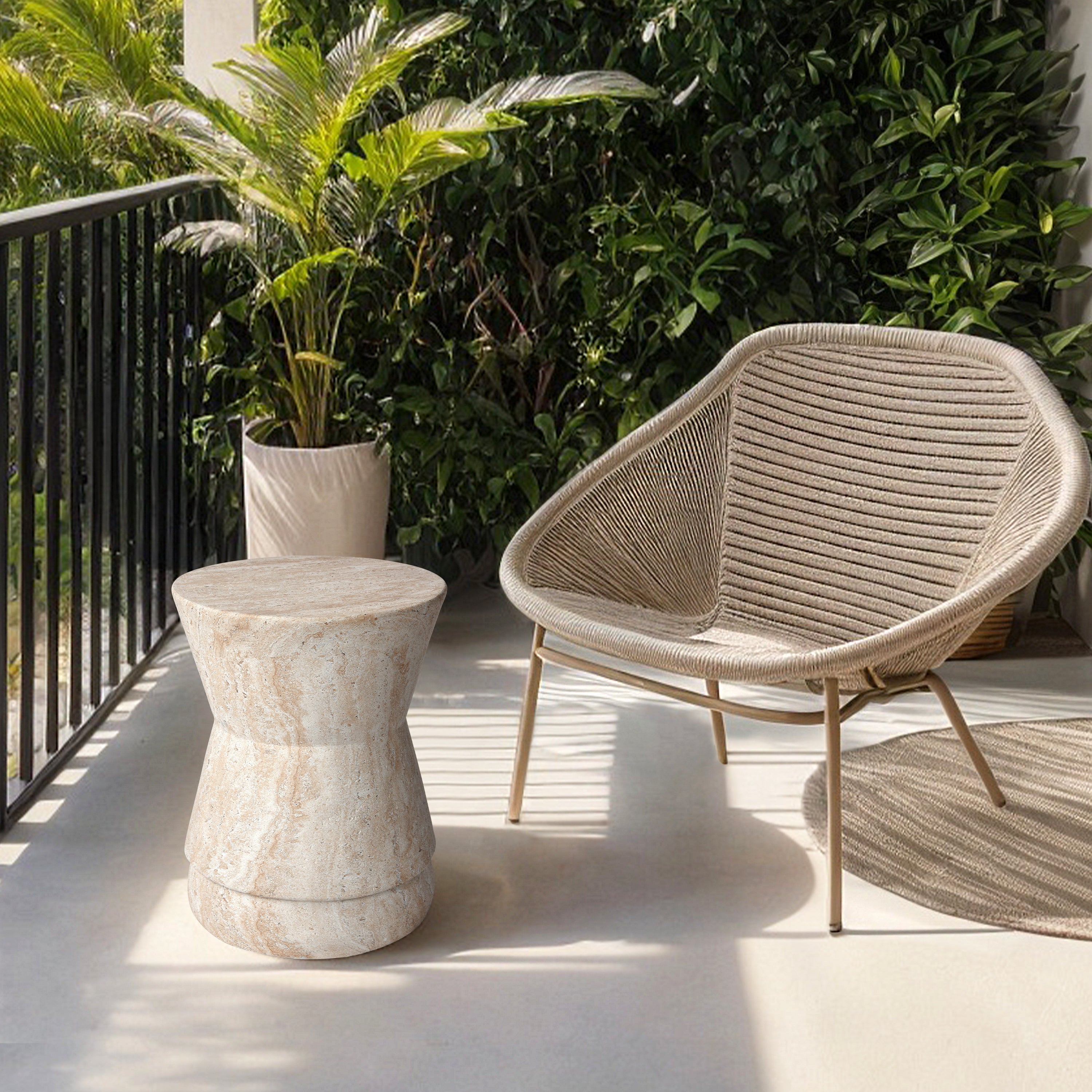 Hourglass Travertine Stone Finish Italian Design MGO Side Accent Table, size 14.4"x14.4"x17.7", perfect for both indoor and outdoor settings.