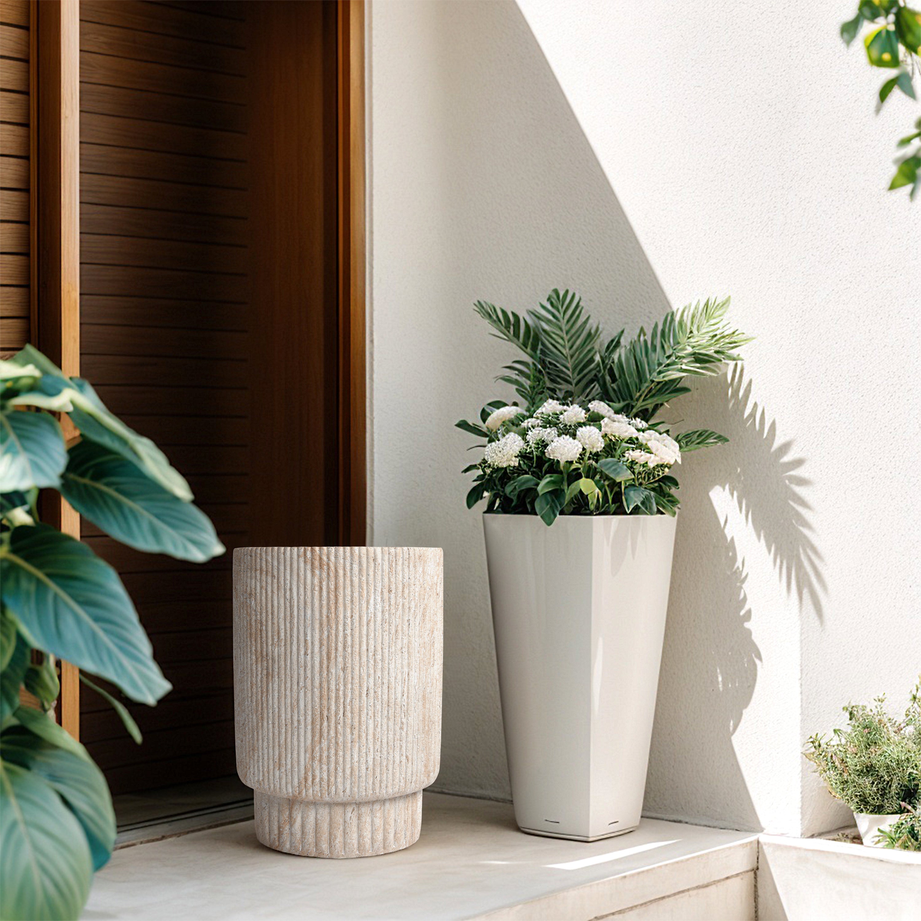 Column Travertine Stone Finish Italian Design MGO Side Accent Table, size 13.3"x13.3"x18.7", perfect for both indoor and outdoor settings.