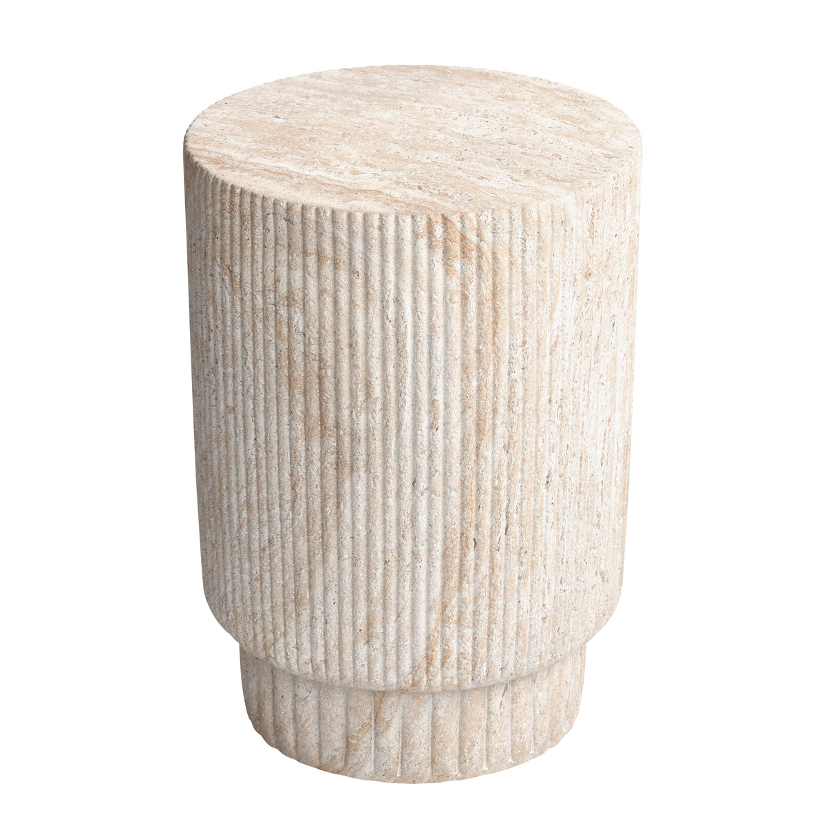 Column Travertine Stone Finish Italian Design MGO Side Accent Table, size 13.3"x13.3"x18.7", perfect for both indoor and outdoor settings.