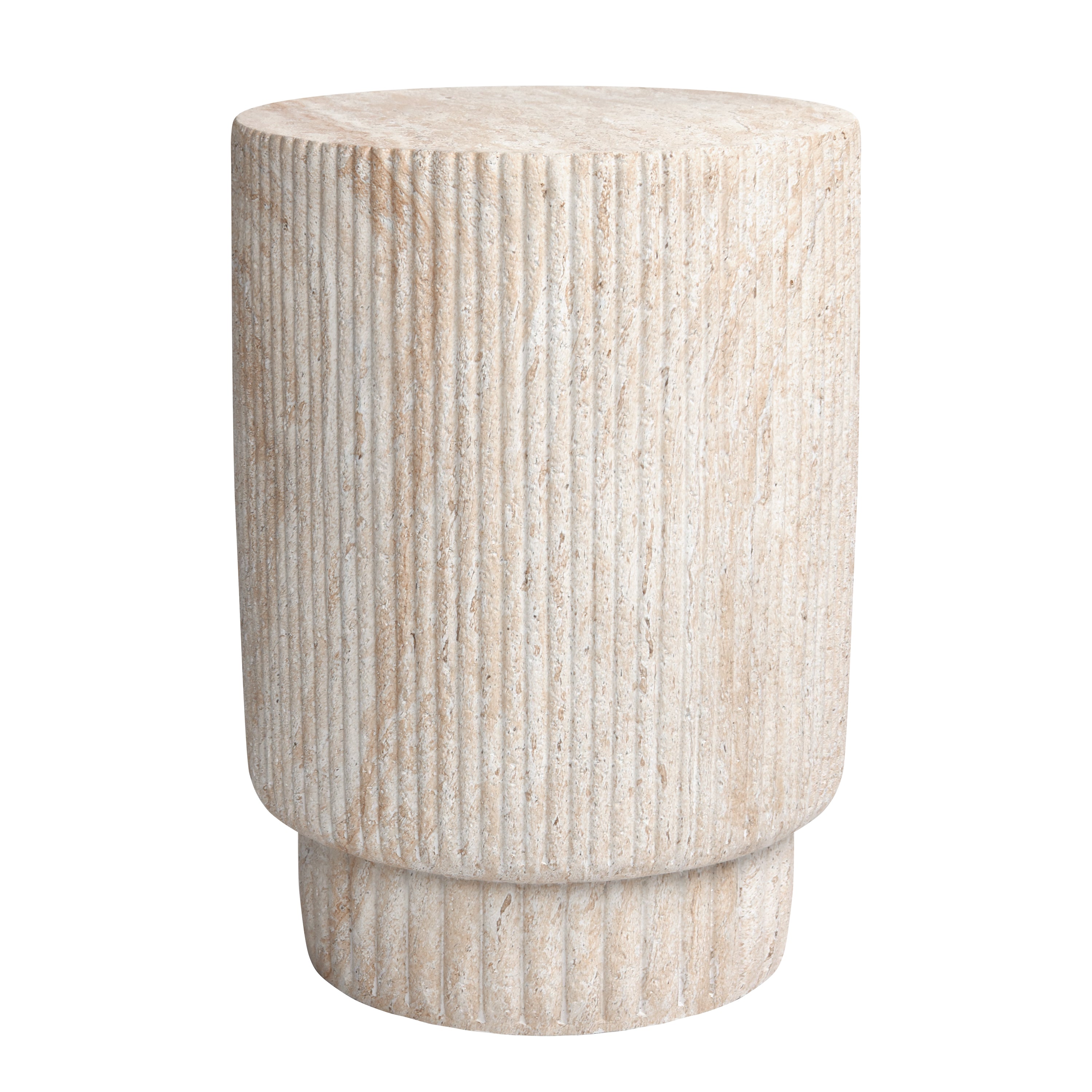 Column Travertine Stone Finish Italian Design MGO Side Accent Table, size 13.3"x13.3"x18.7", perfect for both indoor and outdoor settings.