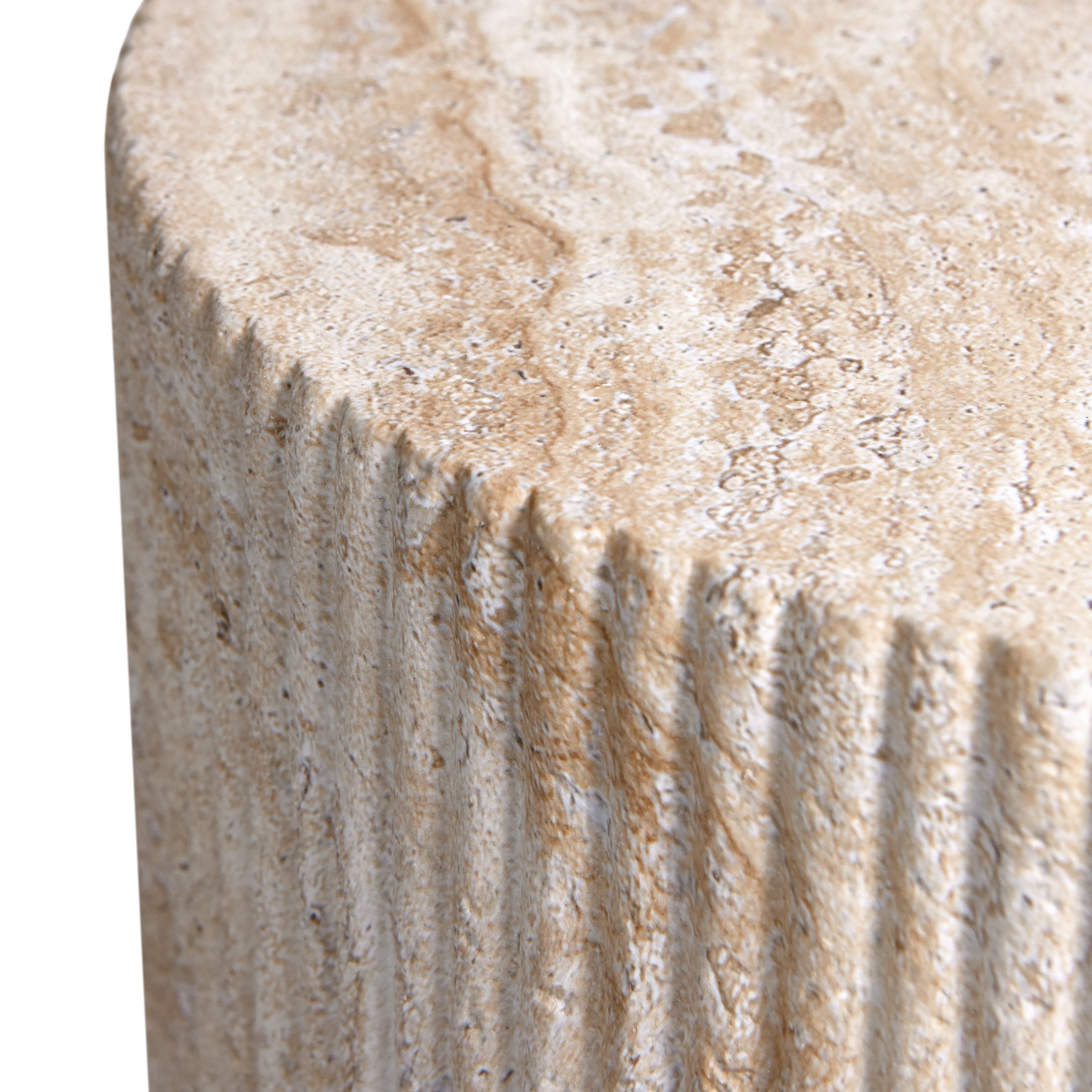 Column Travertine Stone Finish Italian Design MGO Side Accent Table, size 13.3"x13.3"x18.7", perfect for both indoor and outdoor settings.