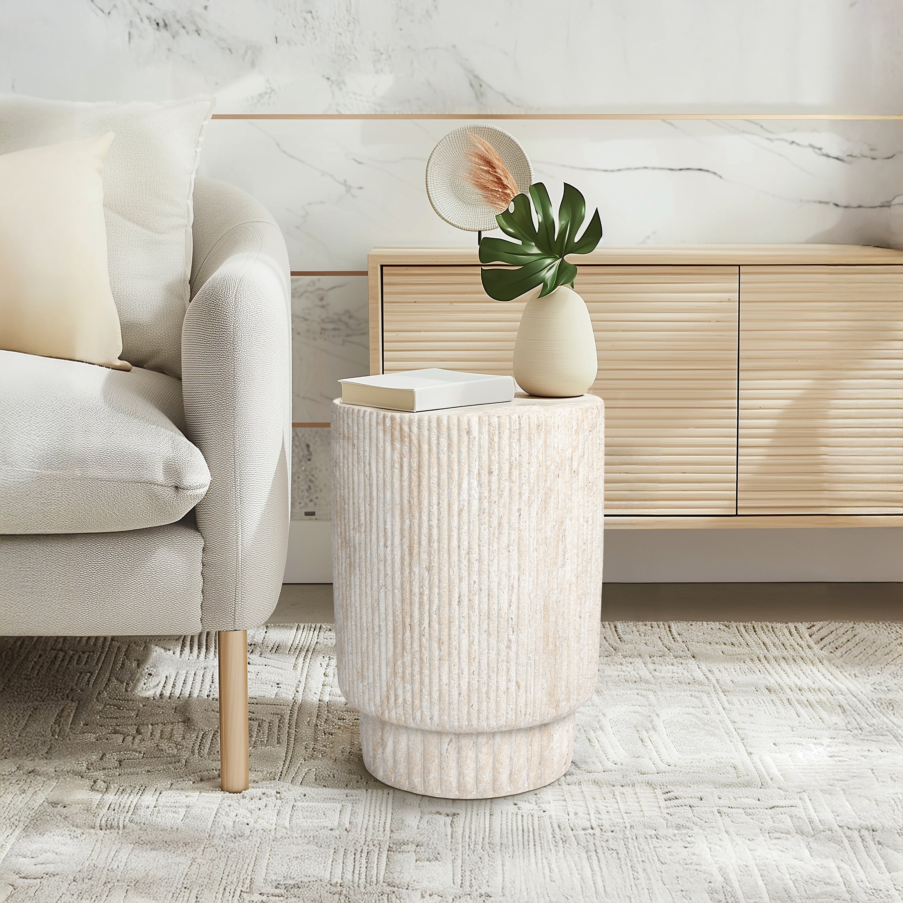 Column Travertine Stone Finish Italian Design MGO Side Accent Table, size 13.3"x13.3"x18.7", perfect for both indoor and outdoor settings.