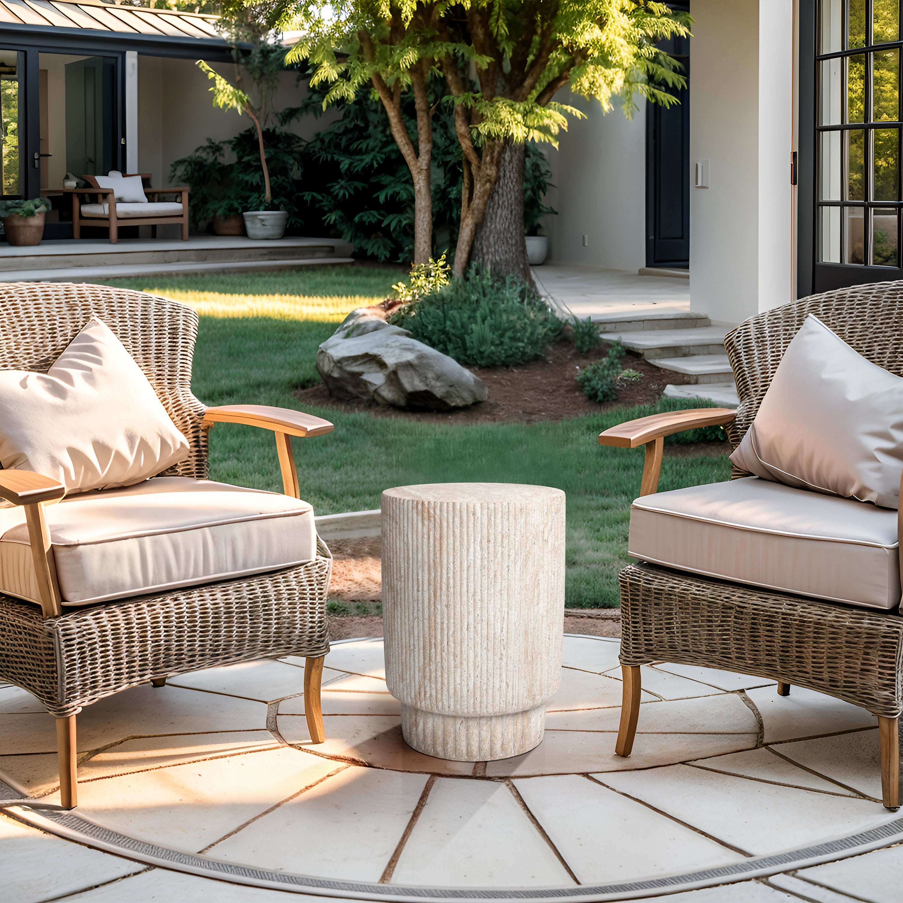 Column Travertine Stone Finish Italian Design MGO Side Accent Table, size 13.3"x13.3"x18.7", perfect for both indoor and outdoor settings.