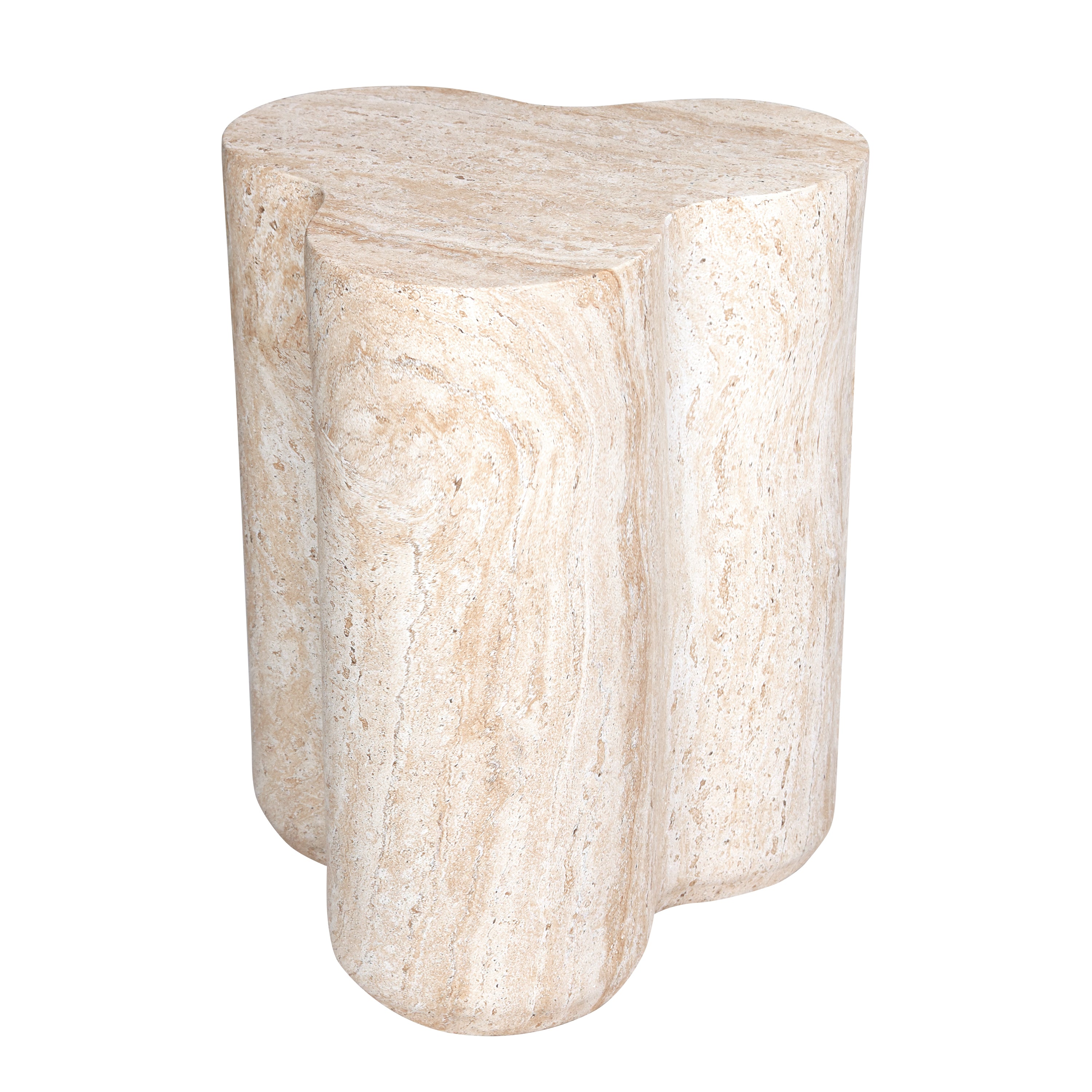 Clover Travertine Stone Finish Italian Design MGO Side Accent Table, size 14.4"x13.8"x17.8", perfect for both indoor and outdoor settings.