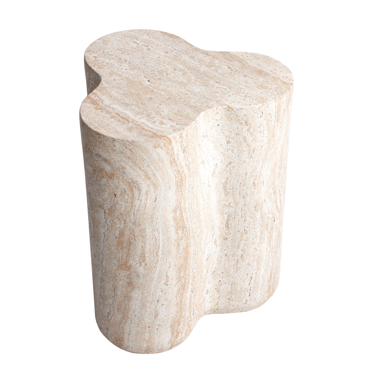 Clover Travertine Stone Finish Italian Design MGO Side Accent Table, size 14.4"x13.8"x17.8", perfect for both indoor and outdoor settings.