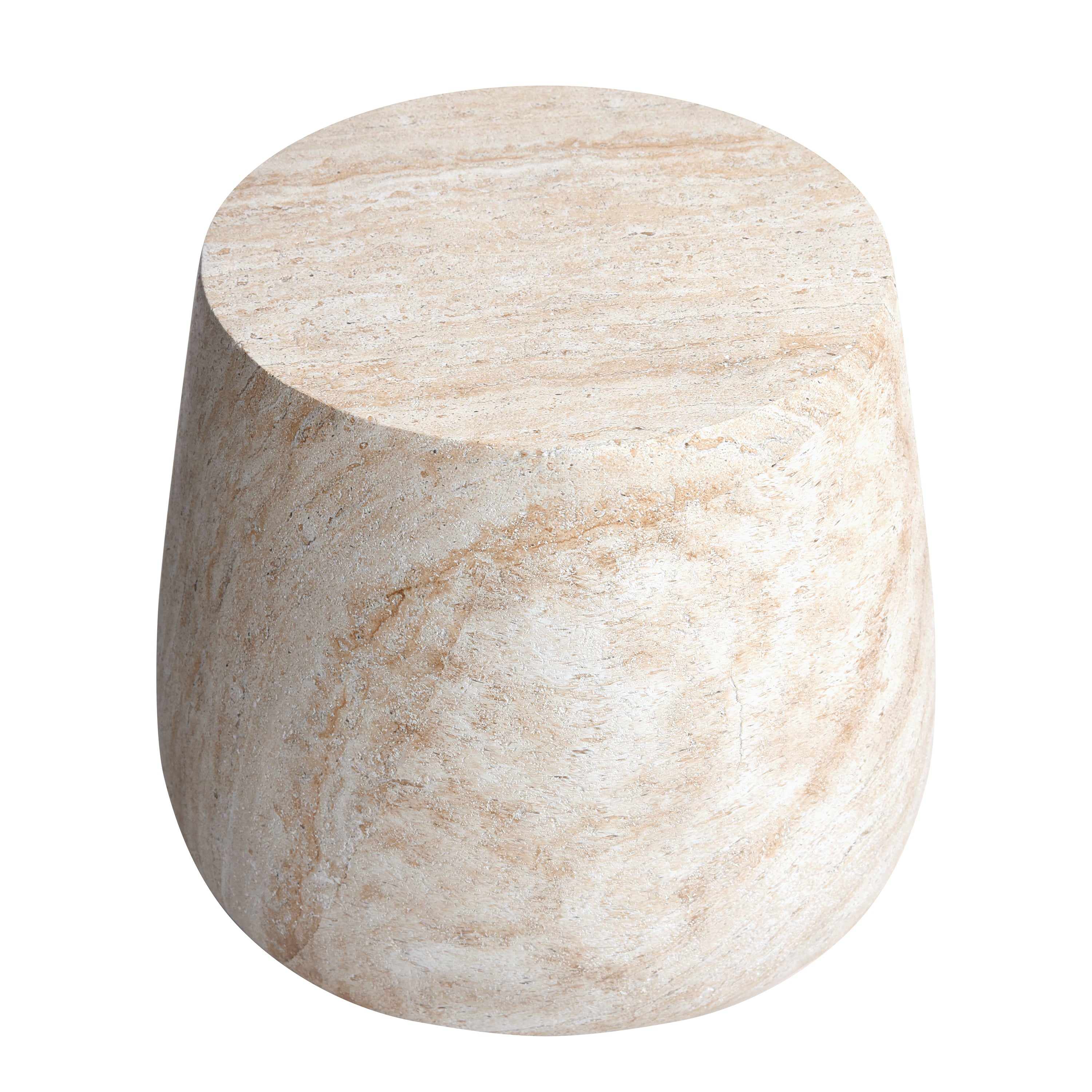 Barrel Travertine Stone Finish MGO Side Accent Table, size 18.8"x18.8"x16.1"  suitable for both indoor and outdoor spaces.