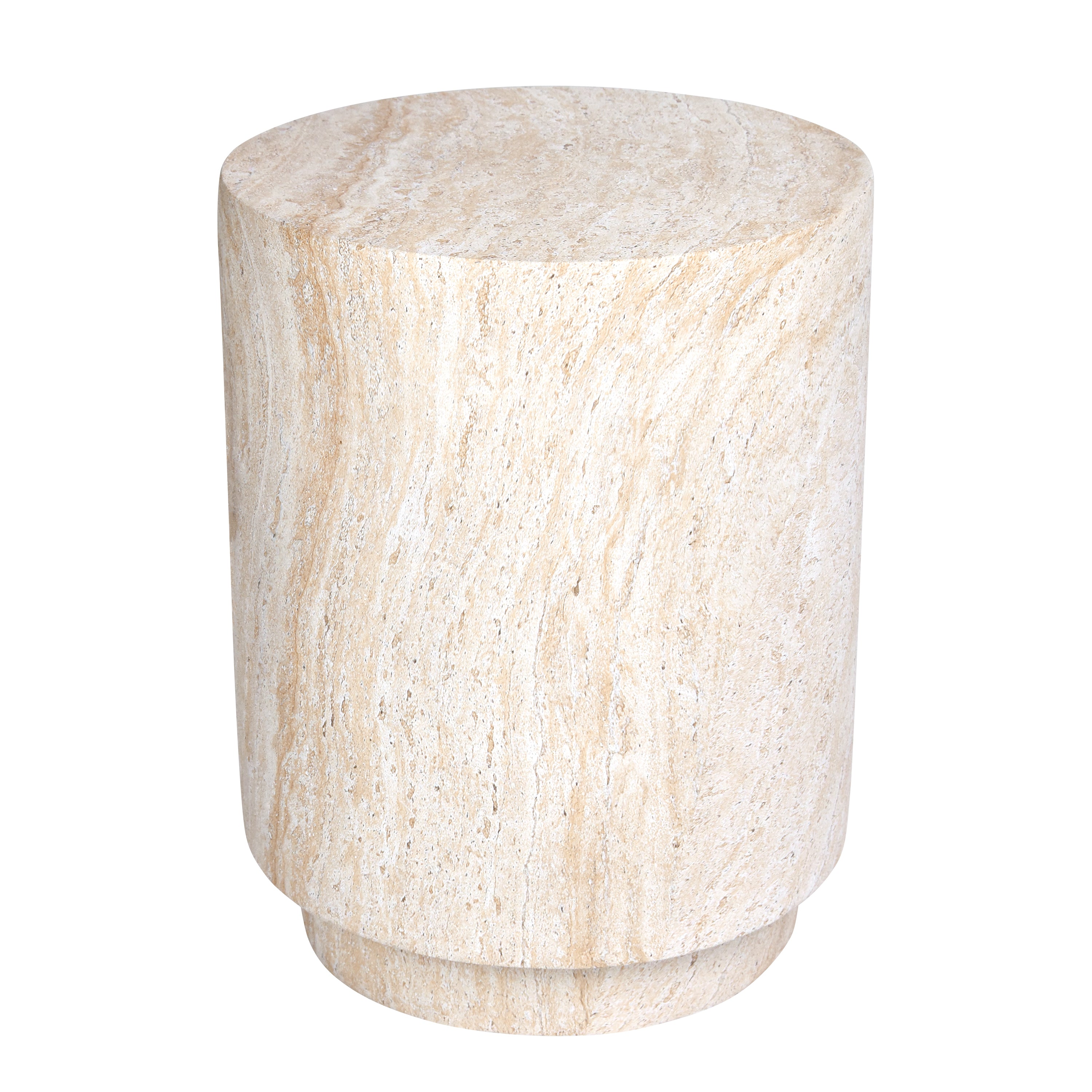 Cylinder Travertine Stone Finish Italian Design MgO Side Accent Table, size 14.2"x14.2"x18.3" perfect for both indoor and outdoor settings.