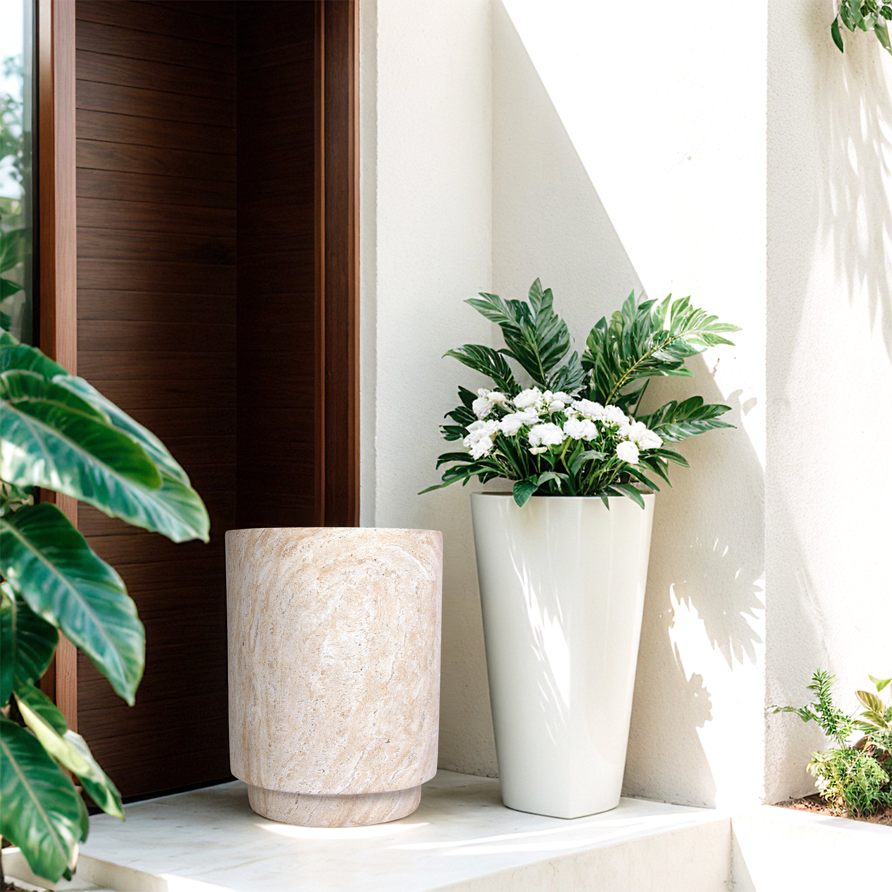 Cylinder Travertine Stone Finish Italian Design MgO Side Accent Table, size 14.2"x14.2"x18.3" perfect for both indoor and outdoor settings.