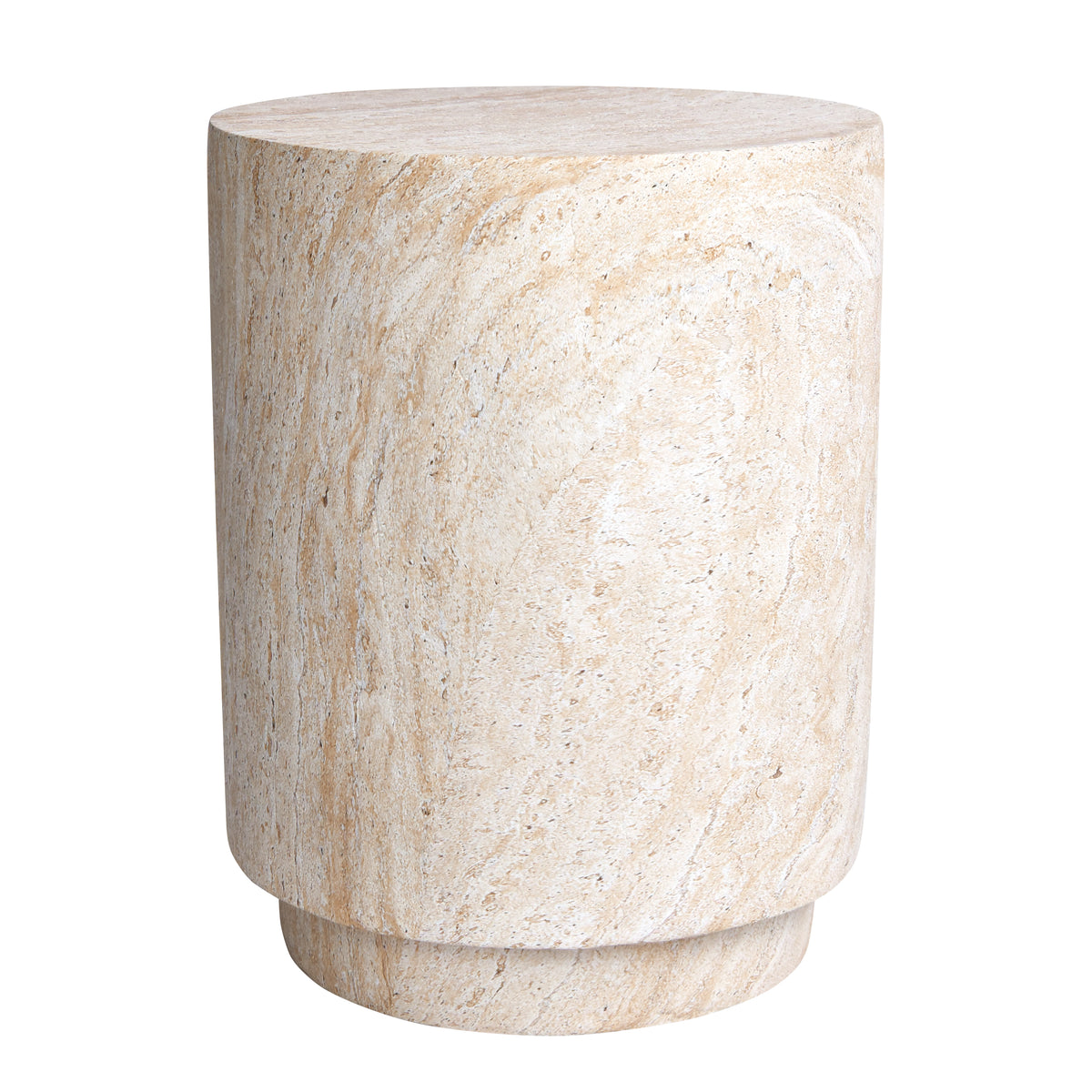 Cylinder Travertine Stone Finish Italian Design MgO Side Accent Table, size 14.2"x14.2"x18.3" perfect for both indoor and outdoor settings.