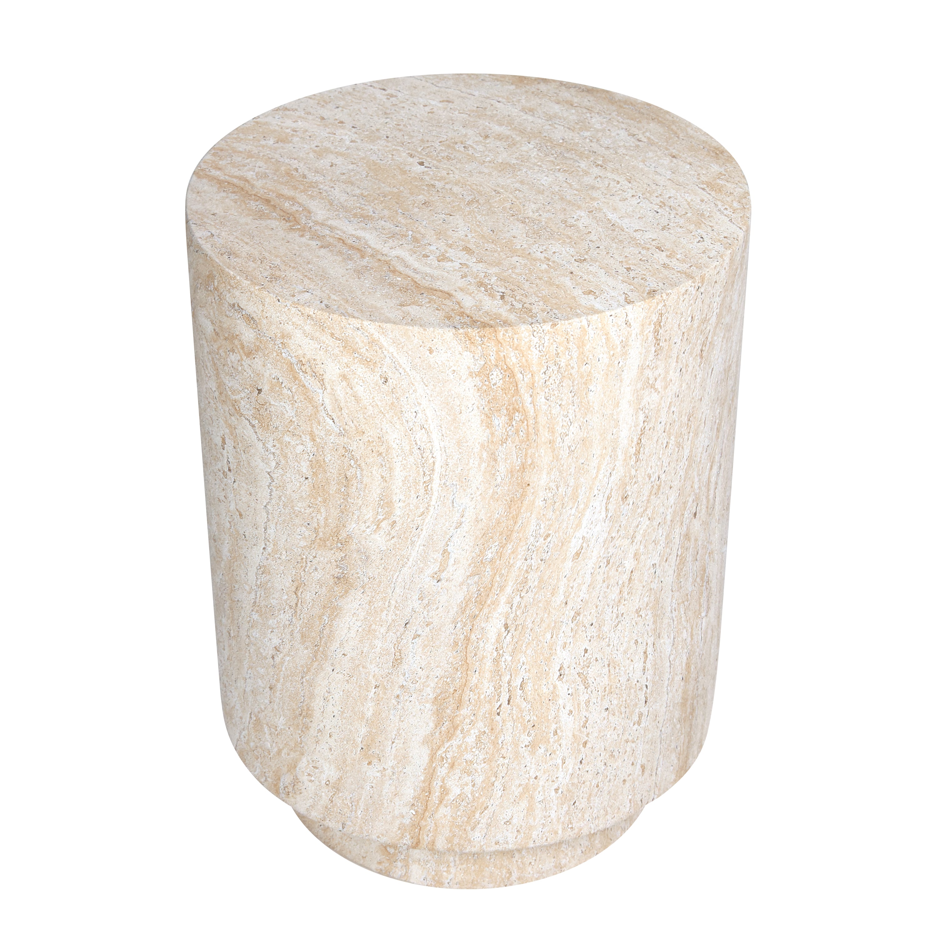 Cylinder Travertine Stone Finish Italian Design MgO Side Accent Table, size 14.2"x14.2"x18.3" perfect for both indoor and outdoor settings.