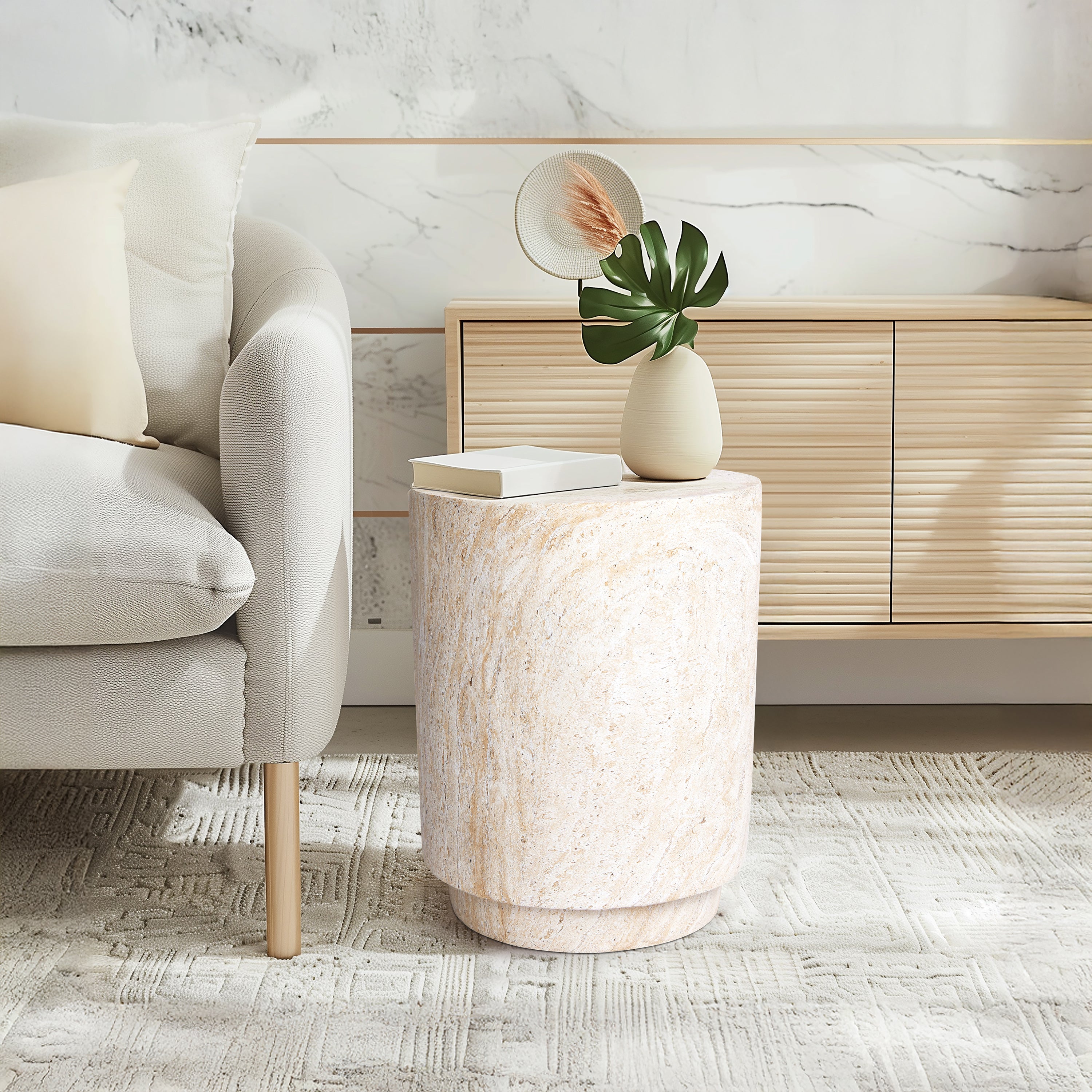 Cylinder Travertine Stone Finish Italian Design MgO Side Accent Table, size 14.2"x14.2"x18.3" perfect for both indoor and outdoor settings.