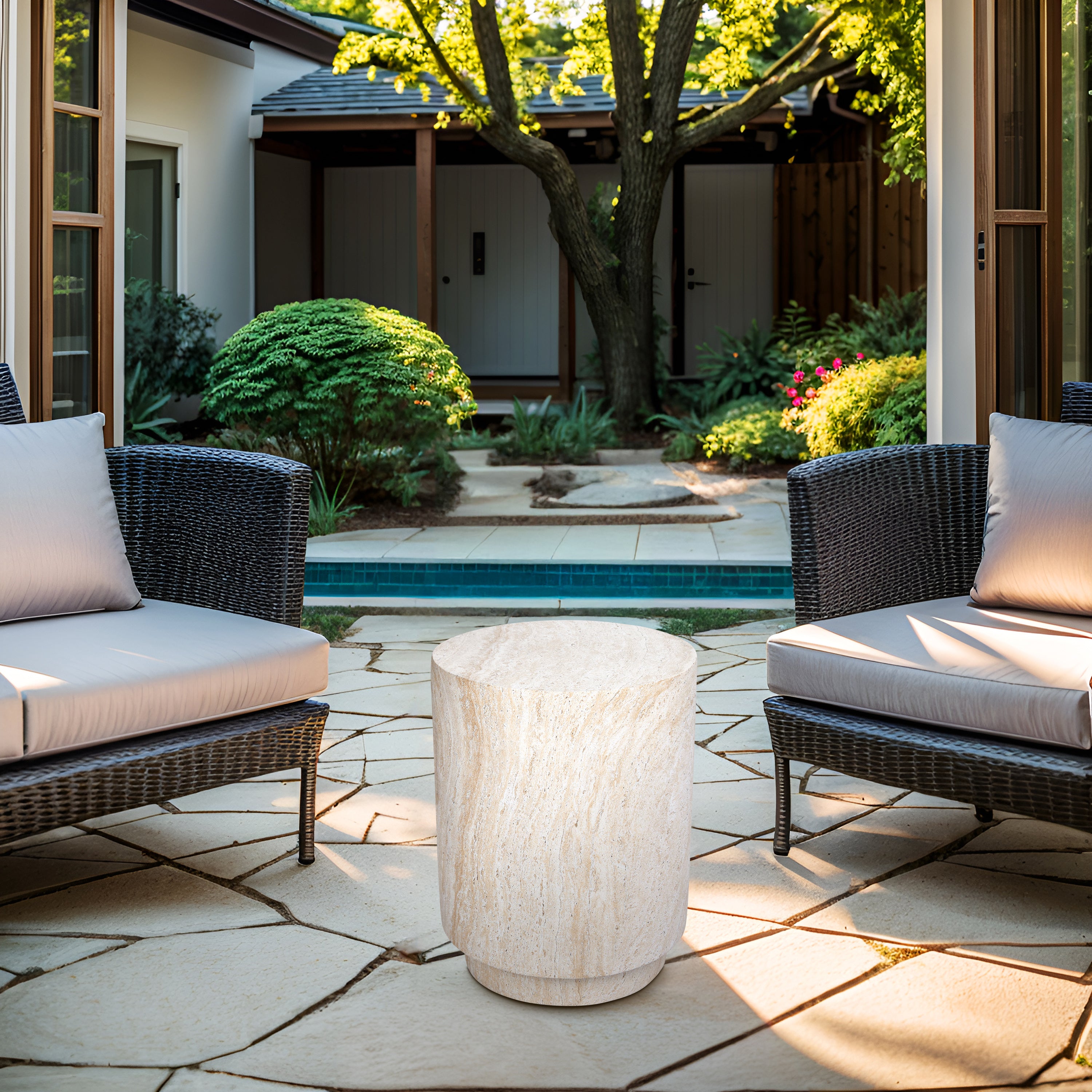 Cylinder Travertine Stone Finish Italian Design MgO Side Accent Table, size 14.2"x14.2"x18.3" perfect for both indoor and outdoor settings.