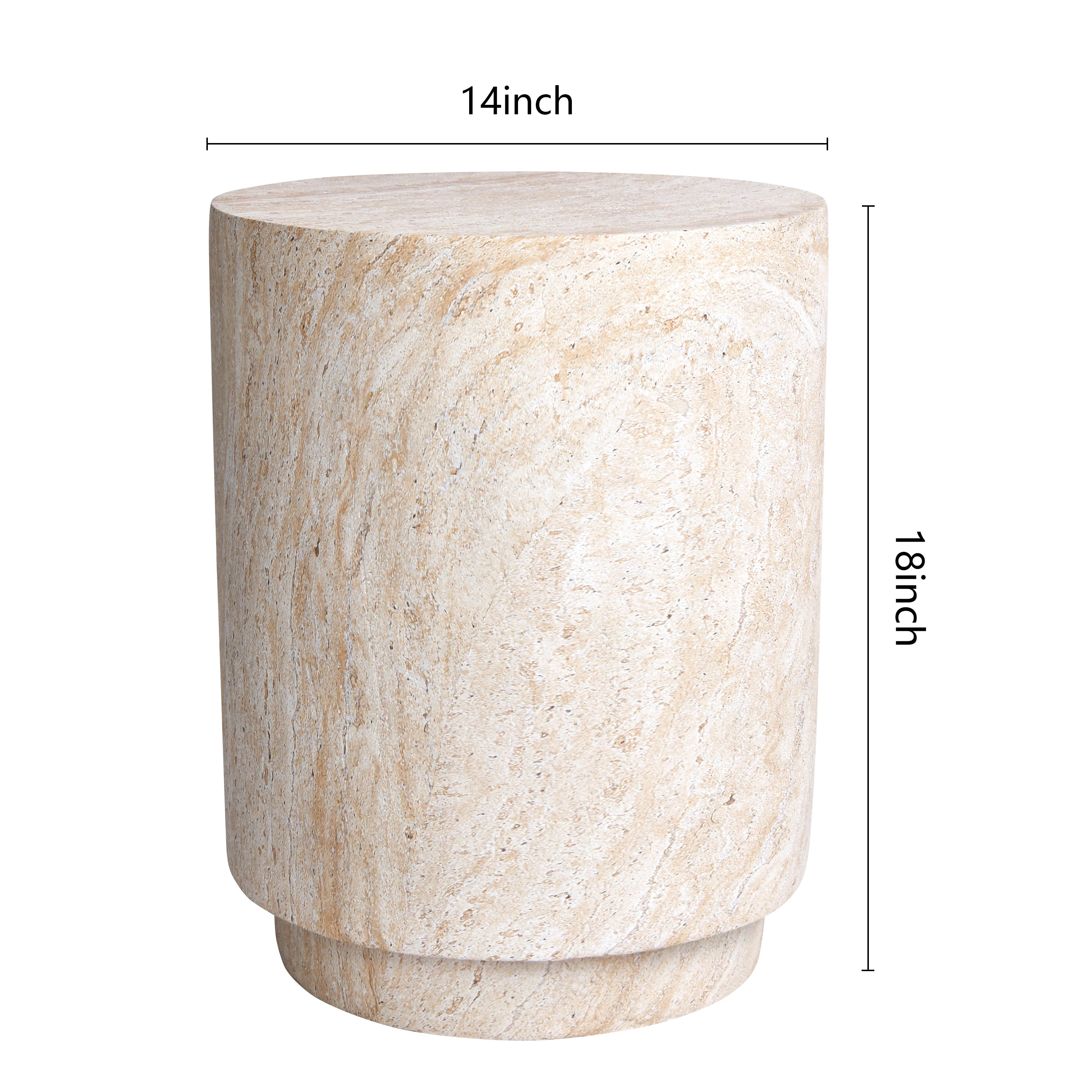 Cylinder Travertine Stone Finish Italian Design MgO Side Accent Table, size 14.2"x14.2"x18.3" perfect for both indoor and outdoor settings.